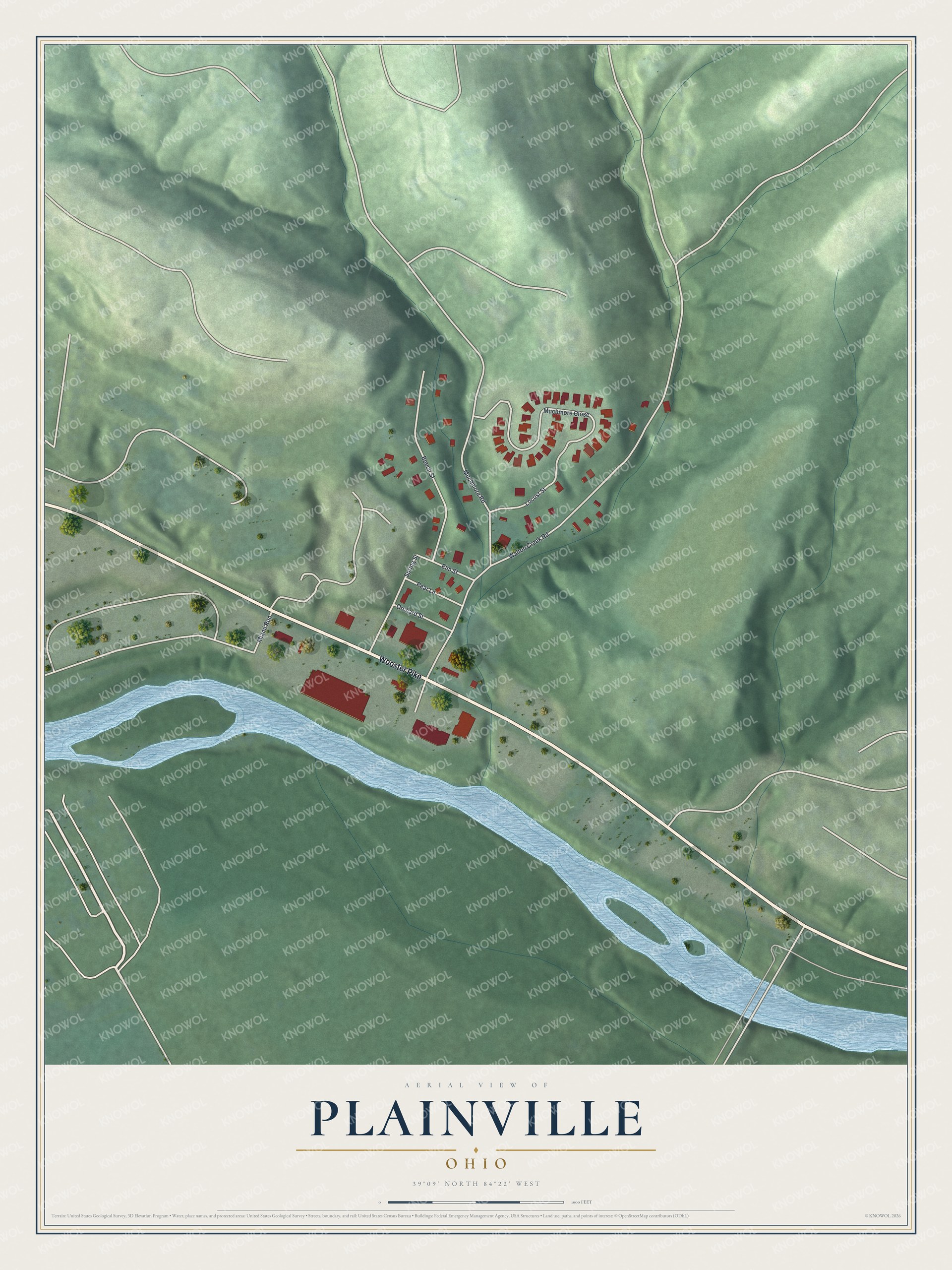 Full map of Plainville, Ohio, with red buildings, printed street names and the land around them