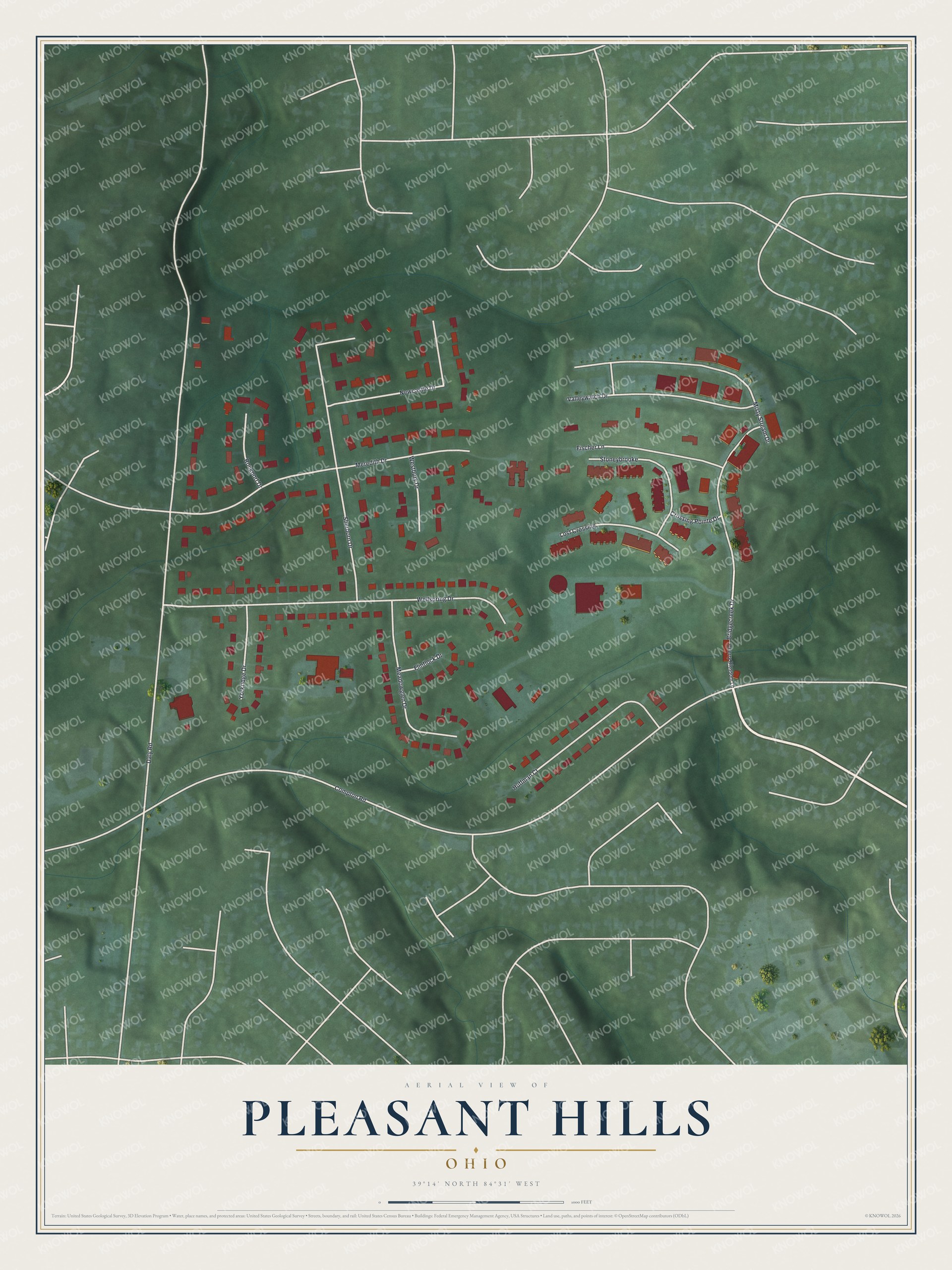 Full map of Pleasant Hills, Ohio, with red buildings, printed street names and the land around them