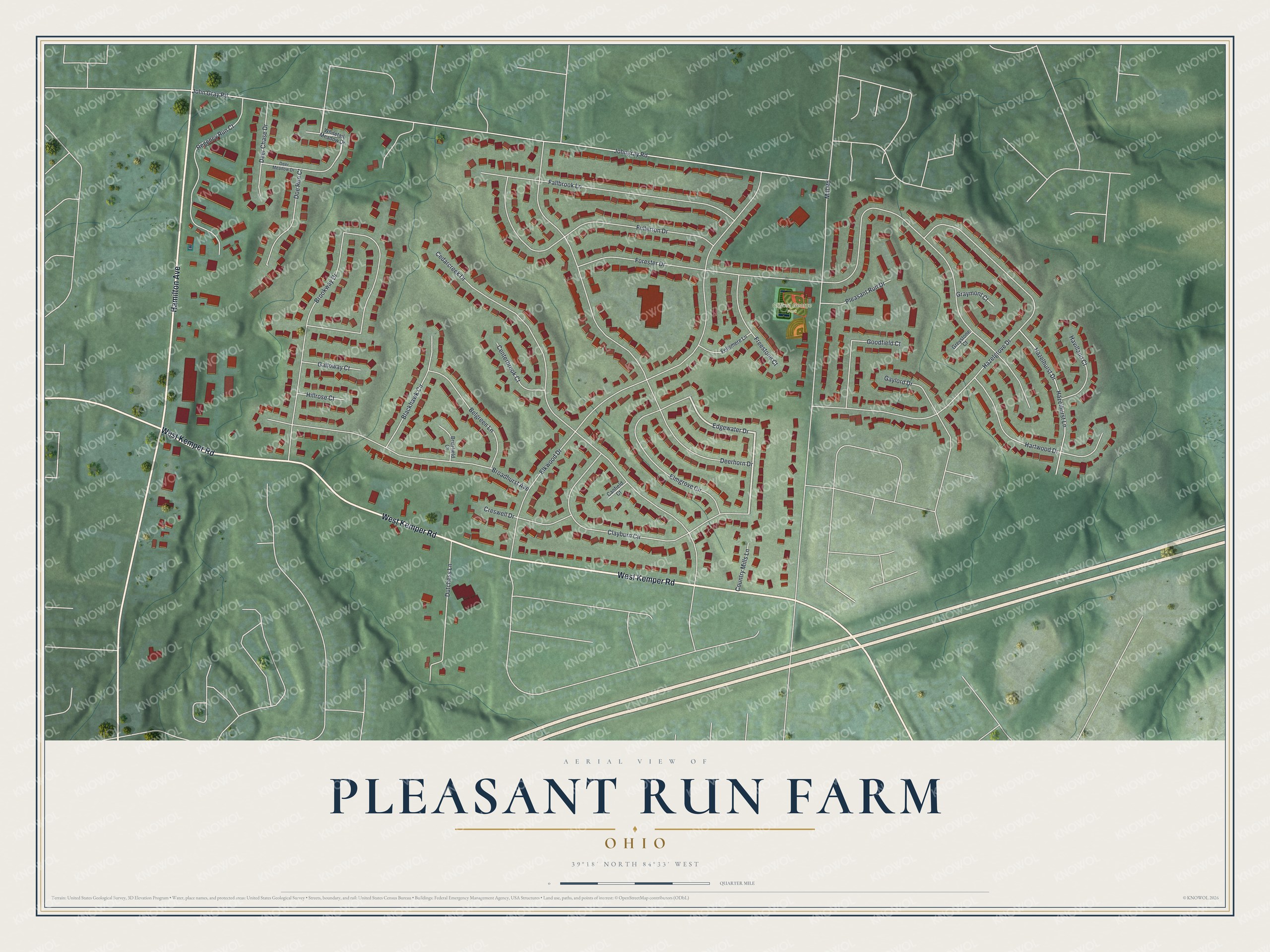 Full map of Pleasant Run Farm, Ohio, with red buildings, printed street names and the land around them