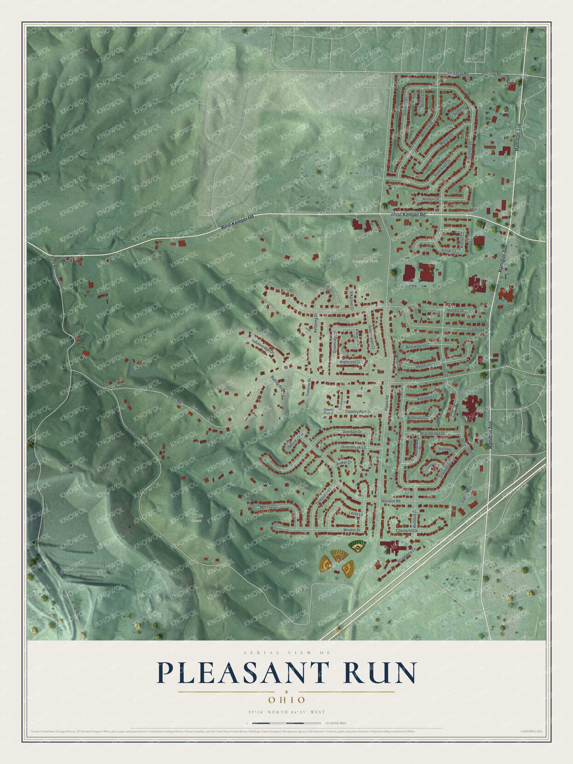 Full map of Pleasant Run, Ohio, with red buildings, printed street names and the land around them