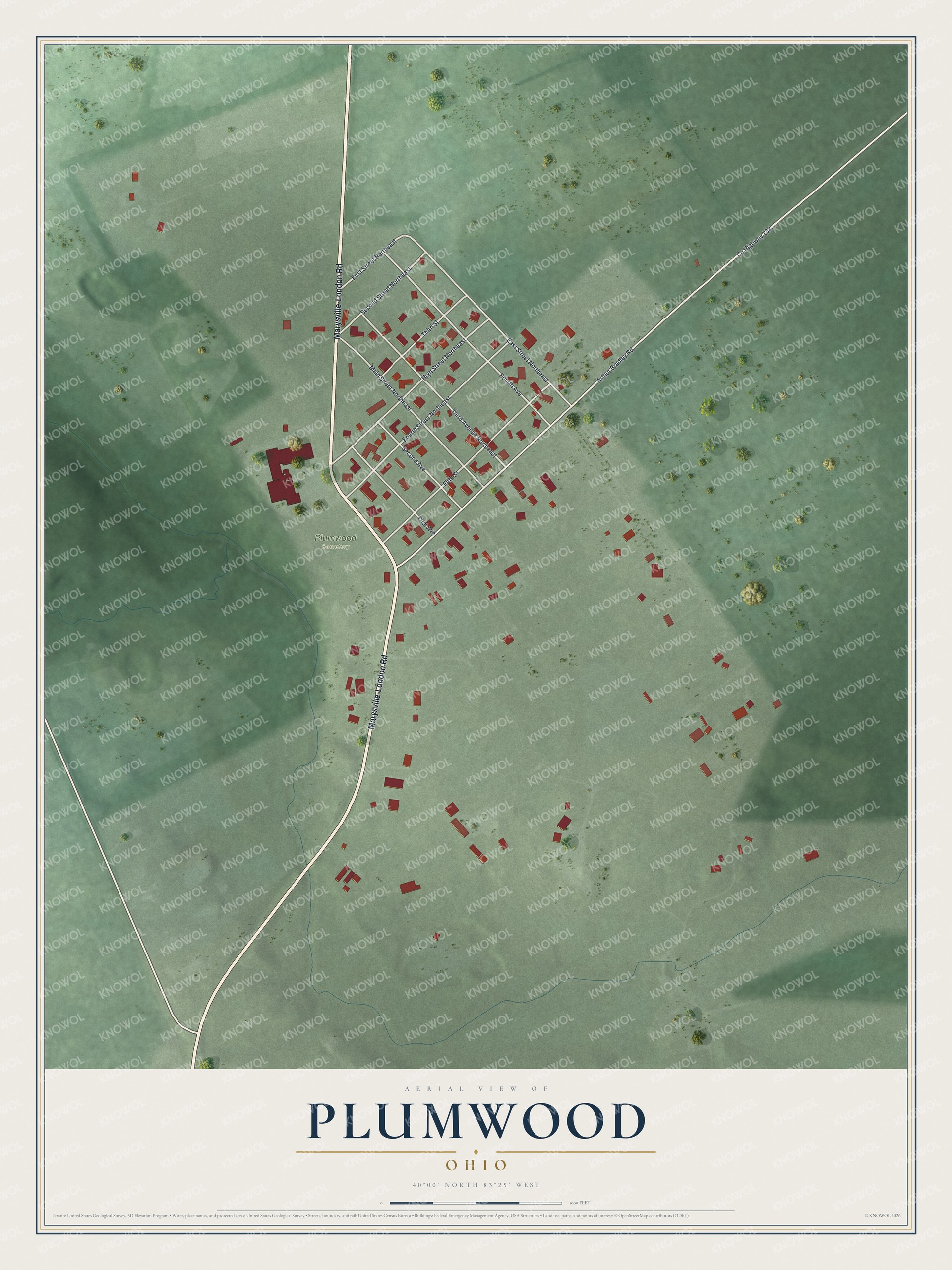 Full map of Plumwood, Ohio, with red buildings, printed street names and the land around them