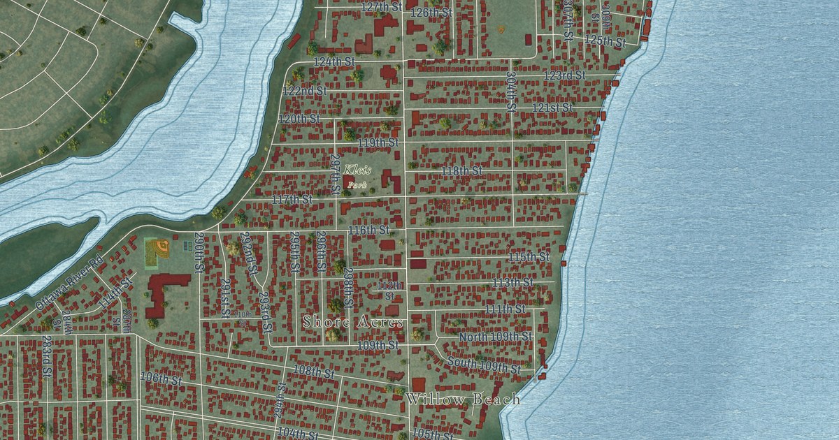 Close-up of streets and buildings in Point Place, Ohio