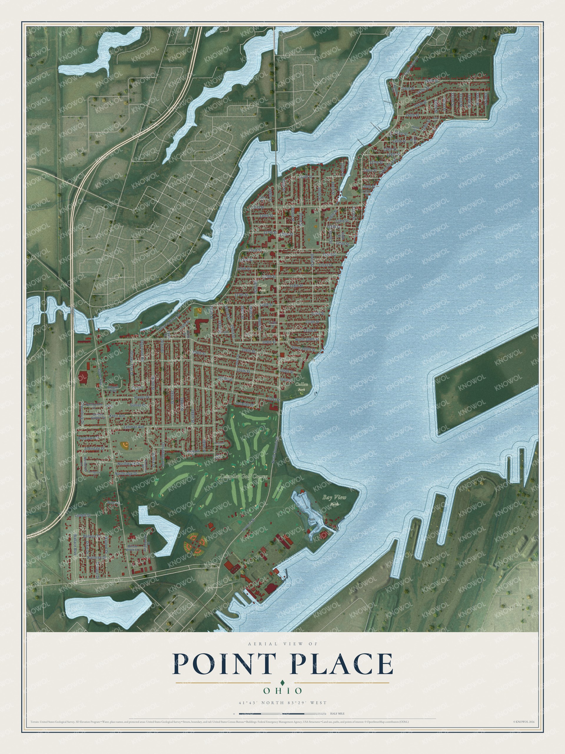 Full map of Point Place, Ohio, with red buildings, printed street names and the land around them