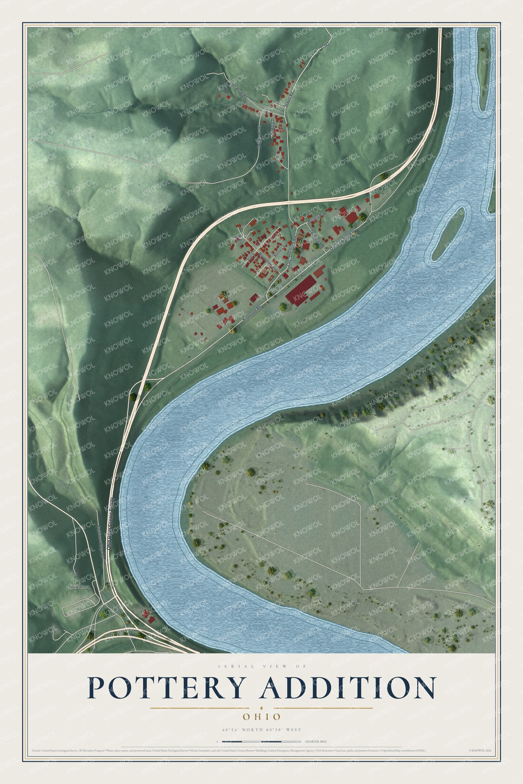 Full map of Pottery Addition, Ohio, with red buildings, printed street names and the land around them