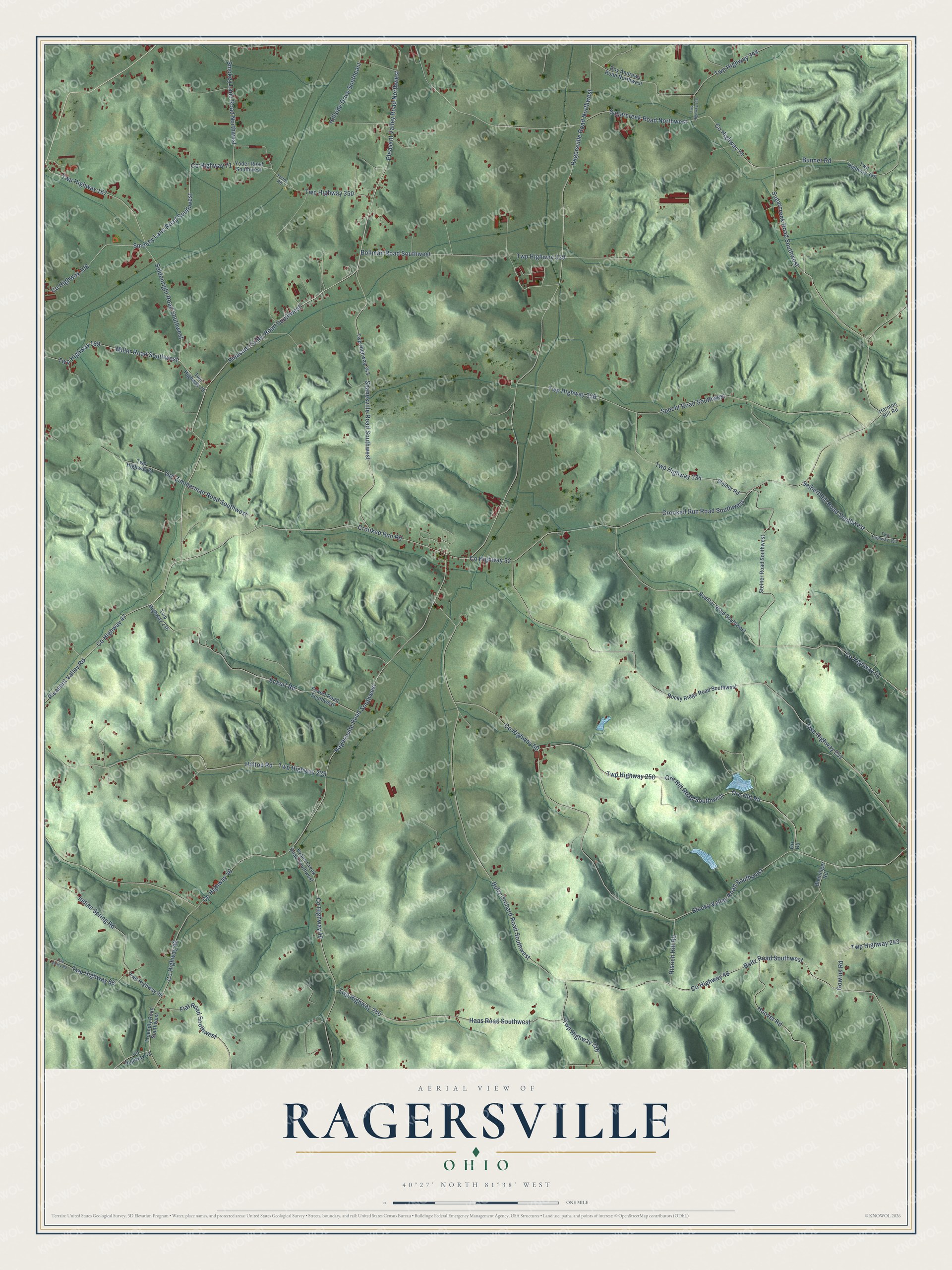 Full map of Ragersville, Ohio, with red buildings, printed street names and the land around them