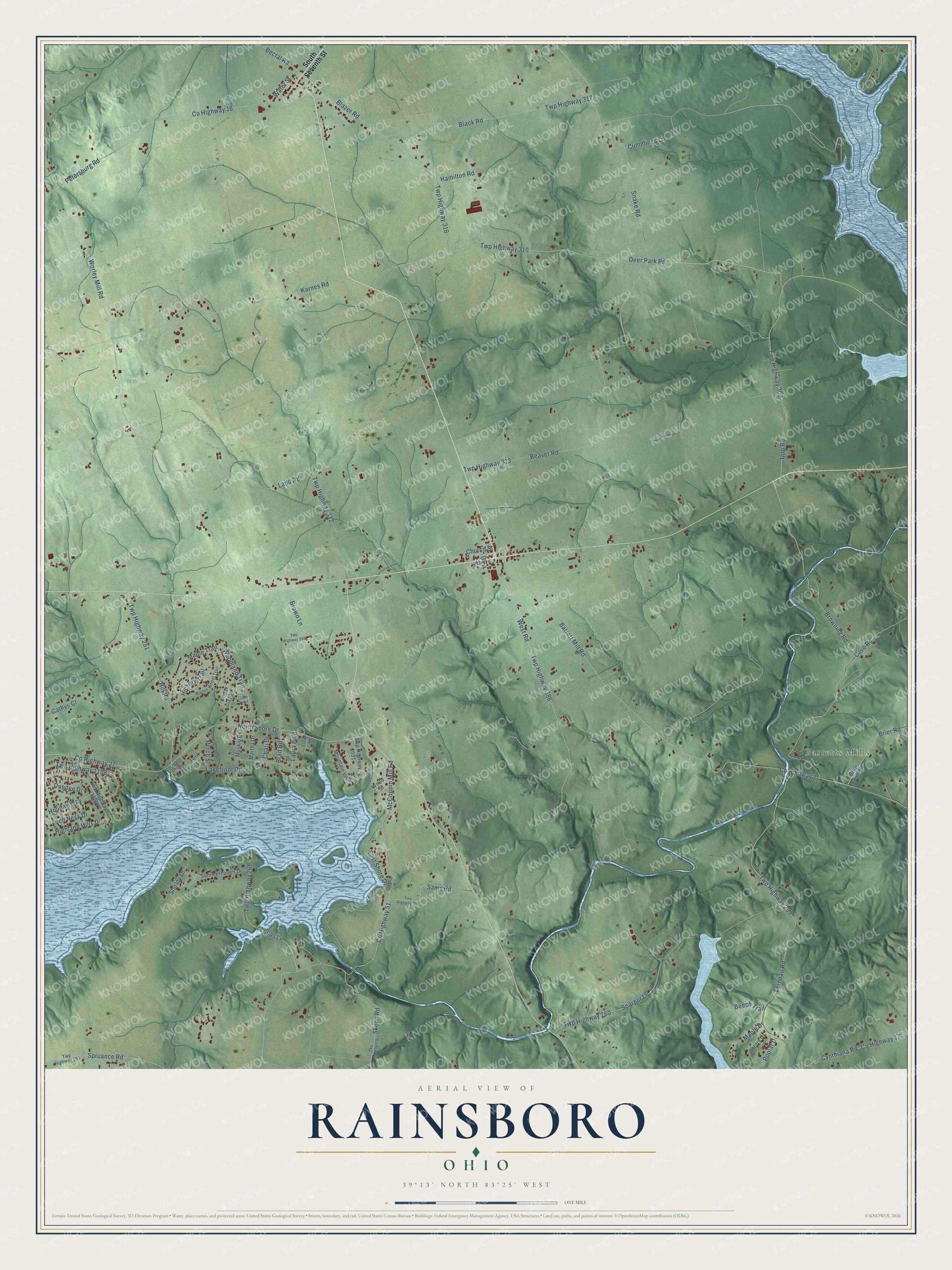 Full map of Rainsboro, Ohio, with red buildings, printed street names and the land around them