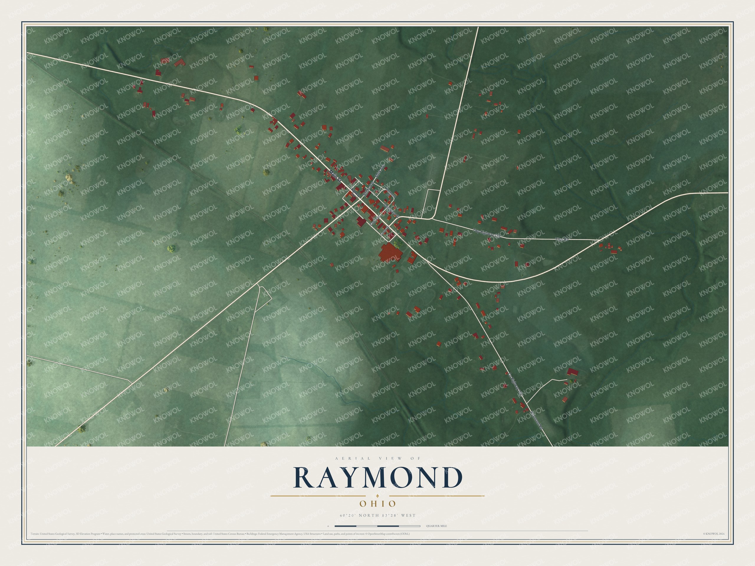 Full map of Raymond, Ohio, with red buildings, printed street names and the land around them