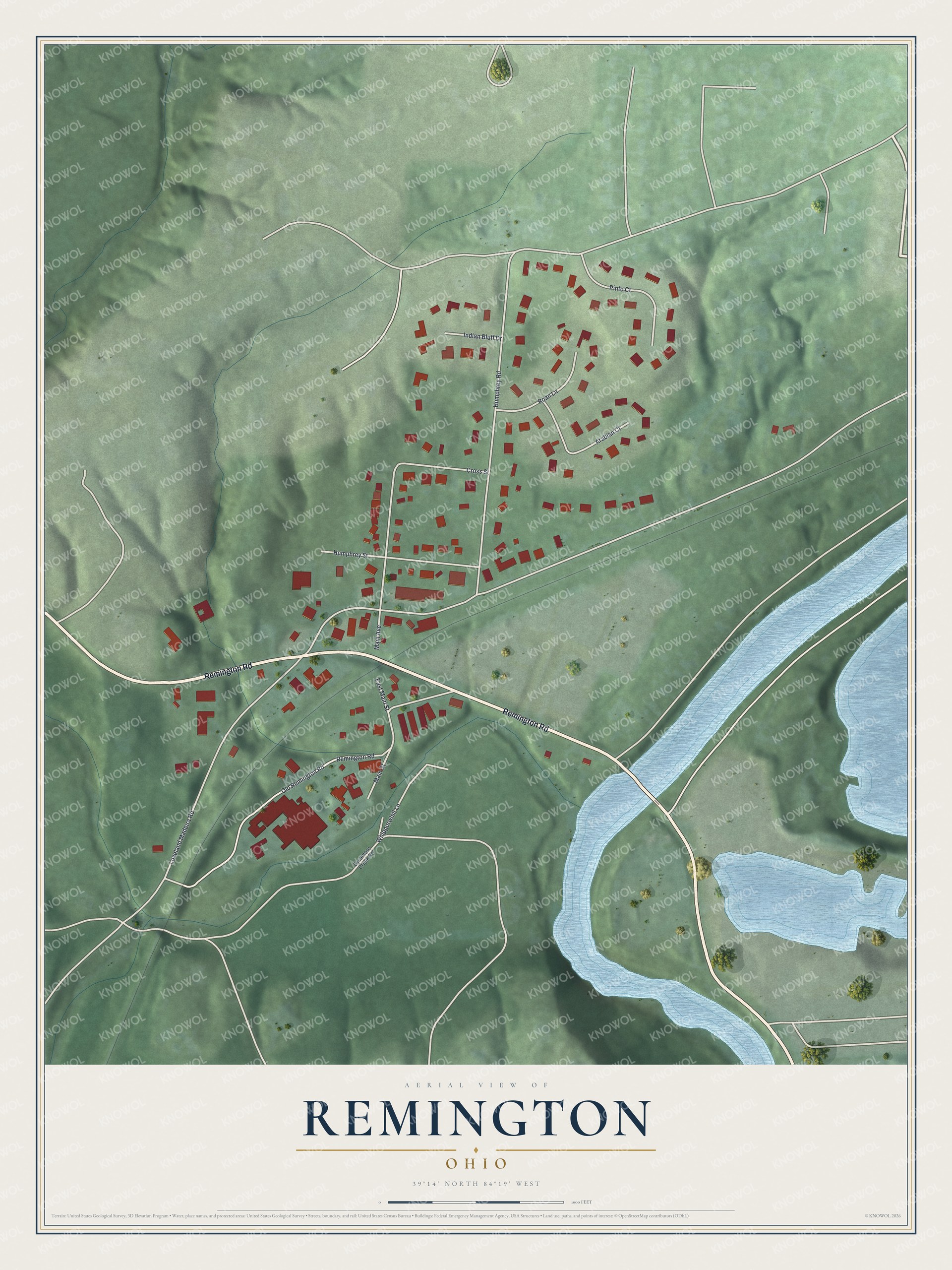 Full map of Remington, Ohio, with red buildings, printed street names and the land around them