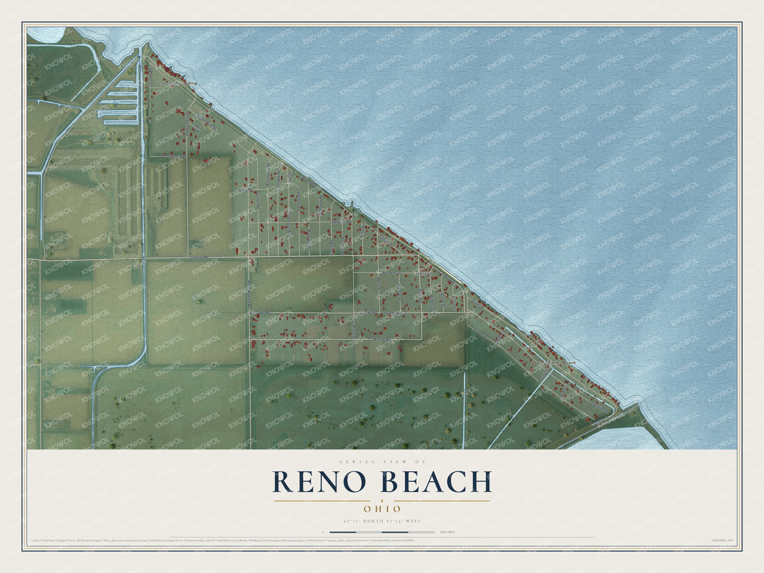 Full map of Reno Beach, Ohio, with red buildings, printed street names and the land around them
