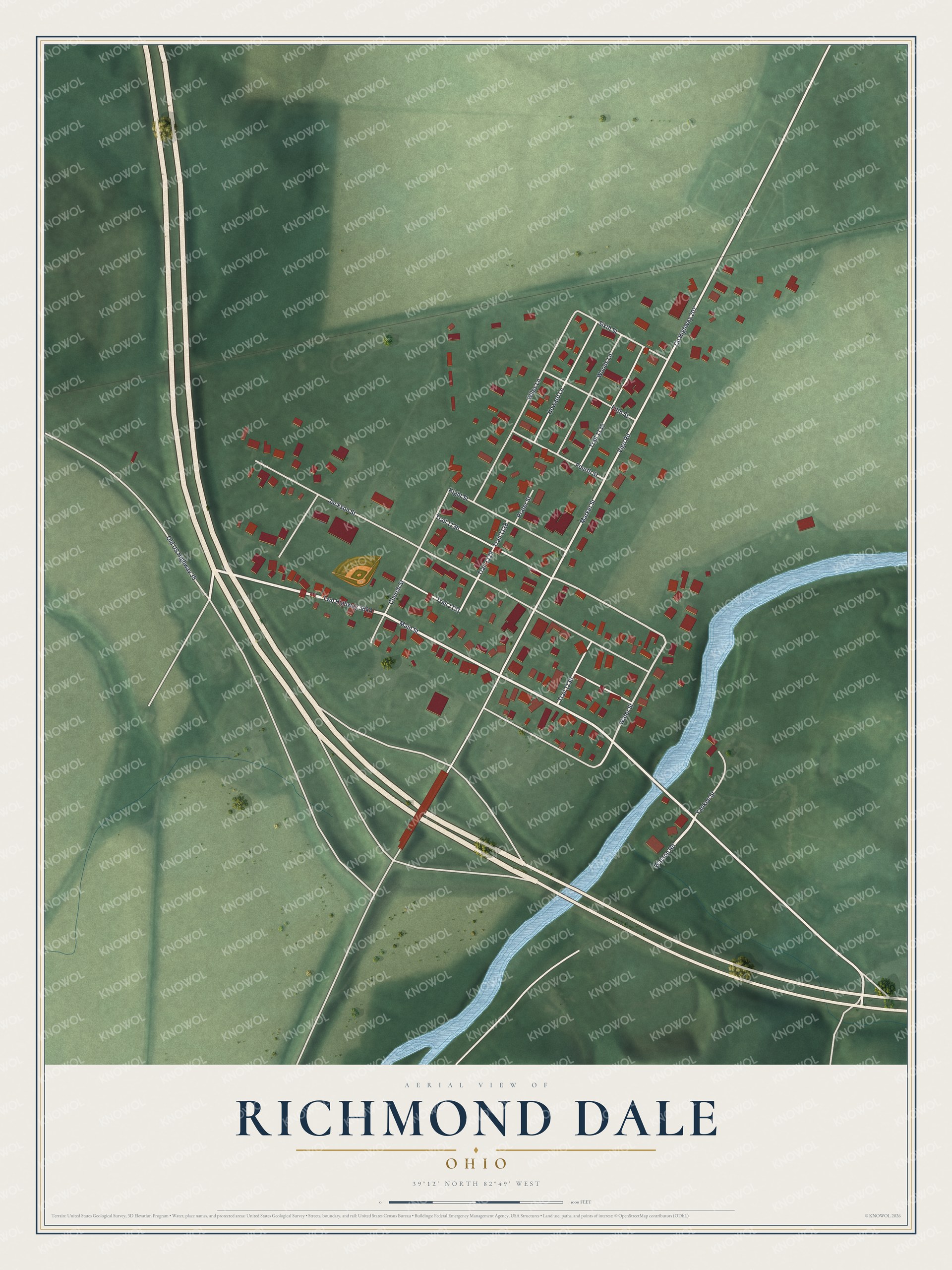 Full map of Richmond Dale, Ohio, with red buildings, printed street names and the land around them