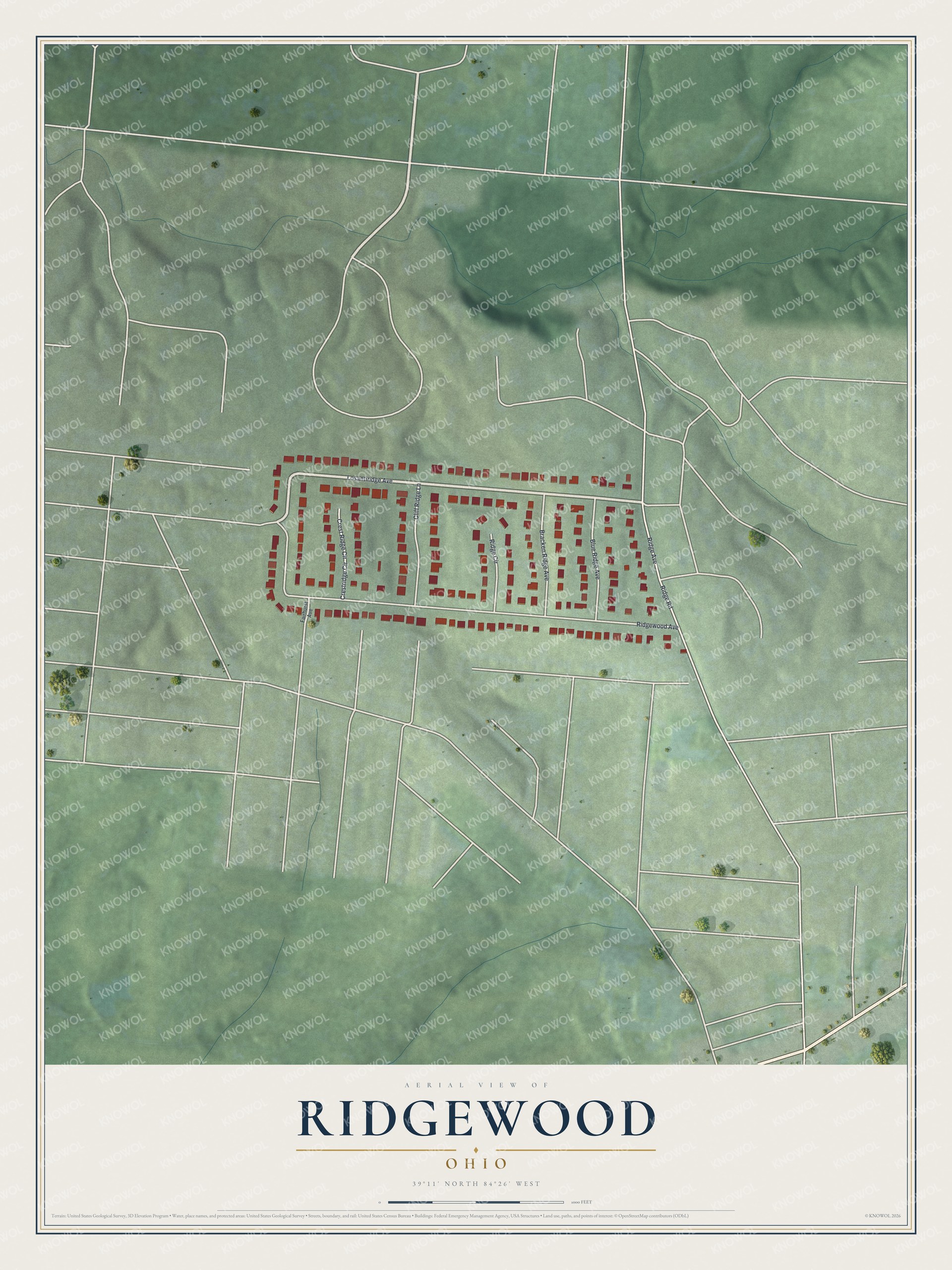 Full map of Ridgewood, Ohio, with red buildings, printed street names and the land around them