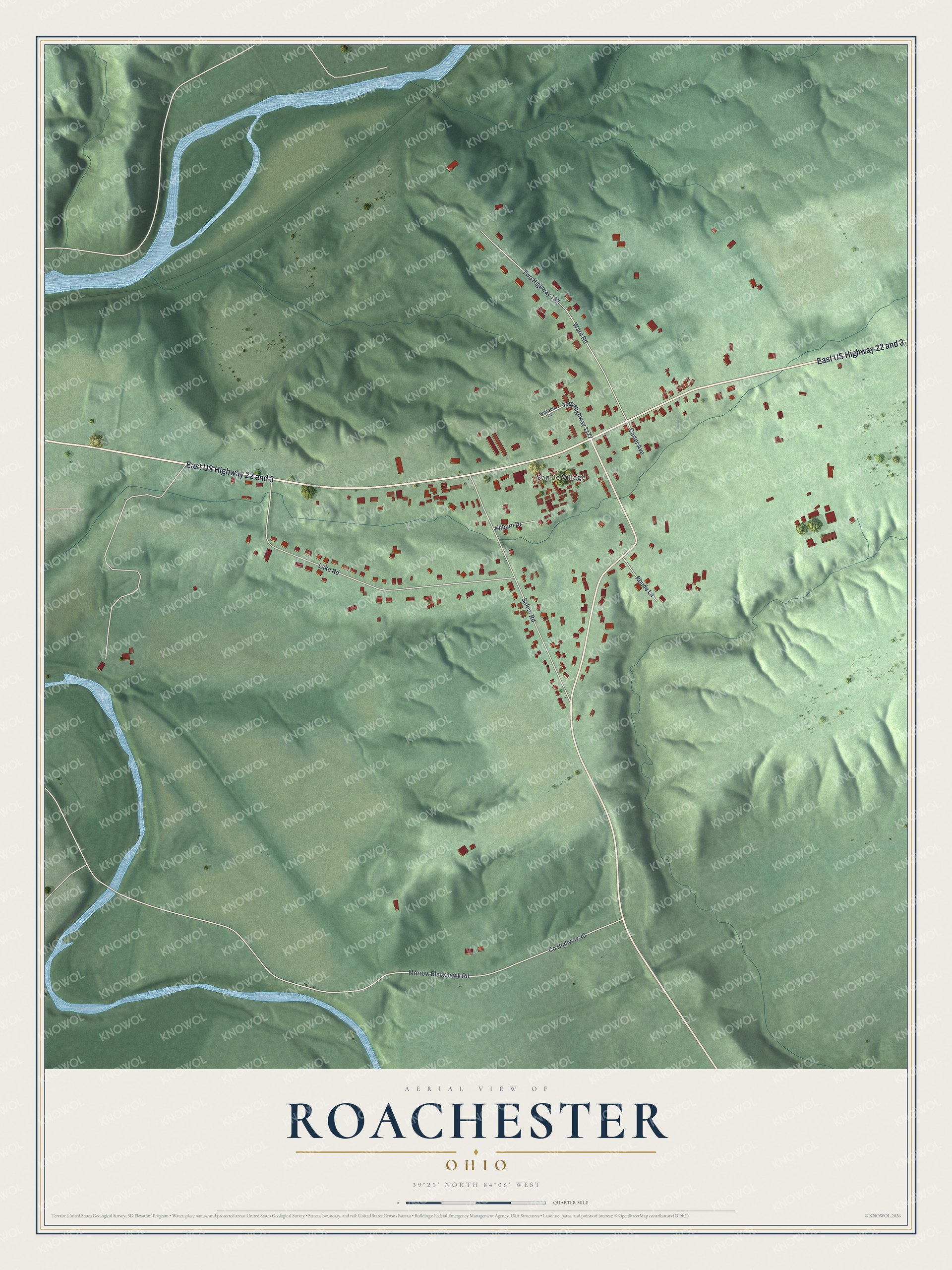 Full map of Roachester, Ohio, with red buildings, printed street names and the land around them