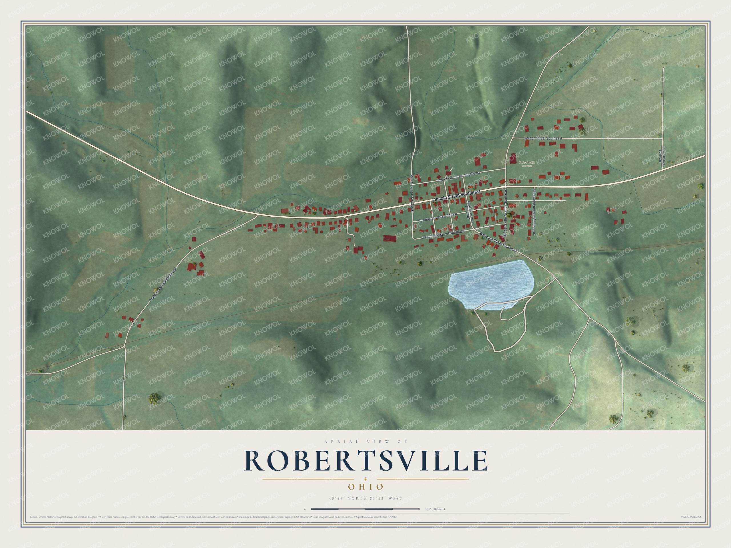 Full map of Robertsville, Ohio, with red buildings, printed street names and the land around them