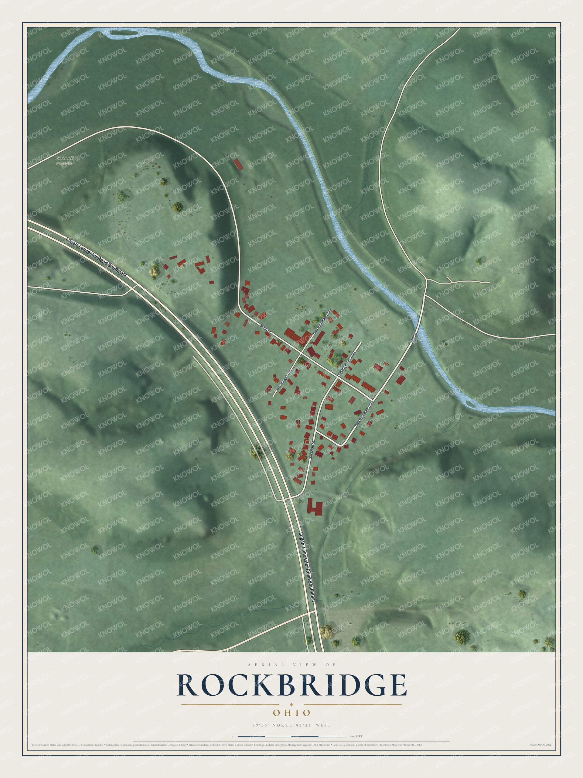 Full map of Rockbridge, Ohio, with red buildings, printed street names and the land around them