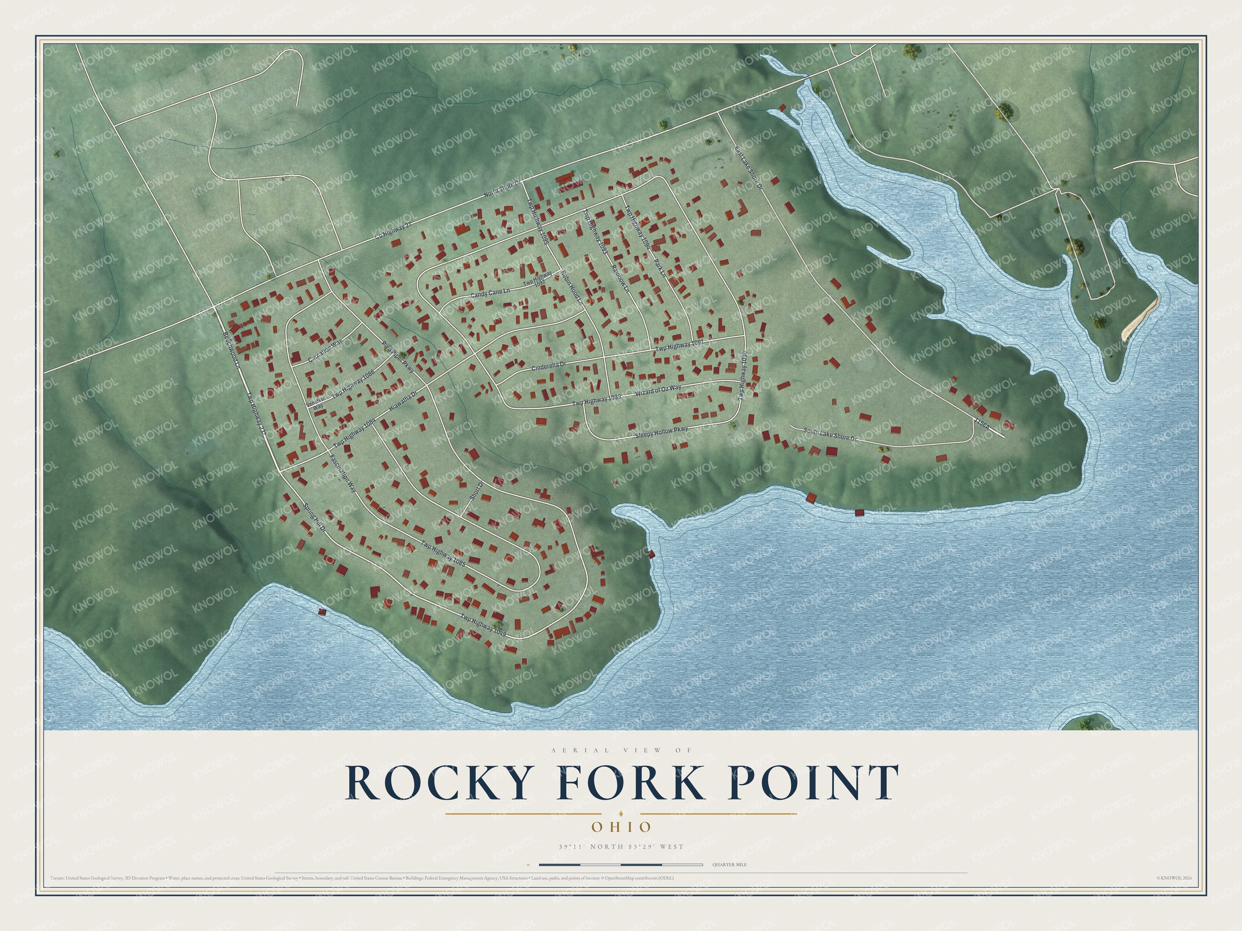 Full map of Rocky Fork Point, Ohio, with red buildings, printed street names and the land around them
