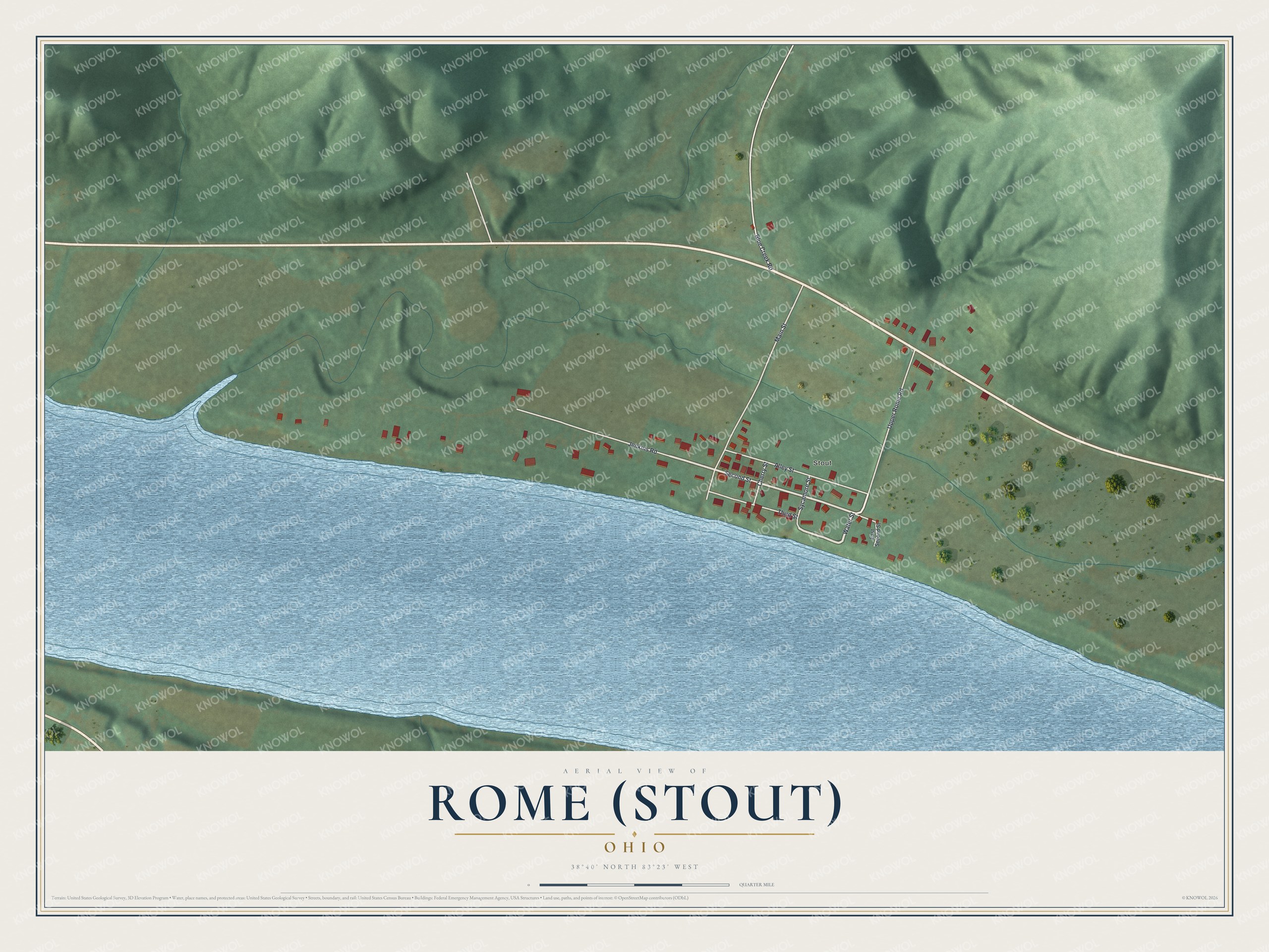 Full map of Rome (Stout), Ohio, with red buildings, printed street names and the land around them