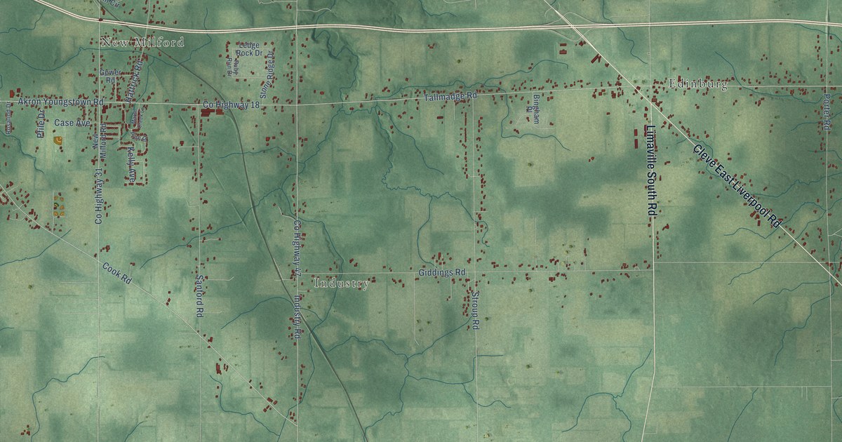 Close-up of streets and buildings in Rootstown, Ohio