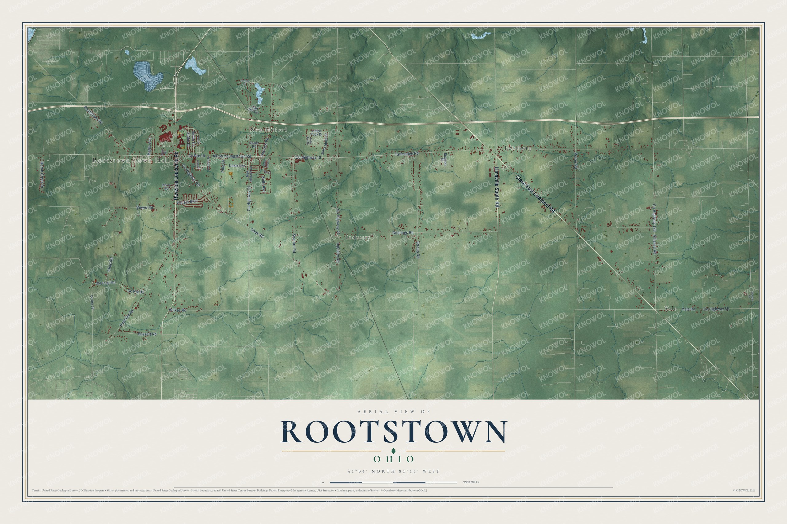 Full map of Rootstown, Ohio, with red buildings, printed street names and the land around them