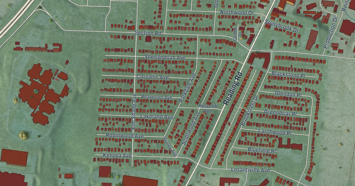 Close-up of streets and buildings in Roselawn, Ohio