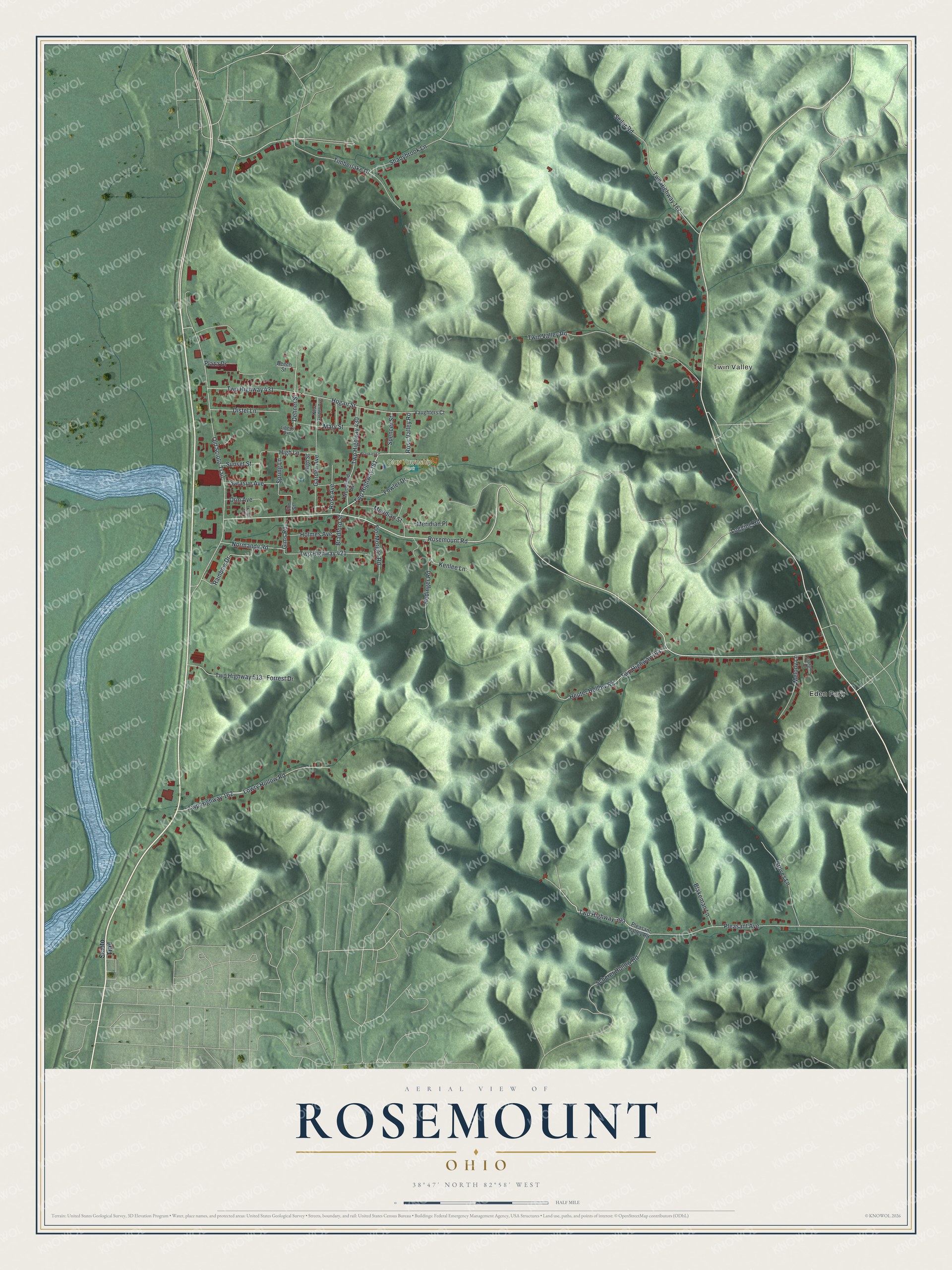 Full map of Rosemount, Ohio, with red buildings, printed street names and the land around them