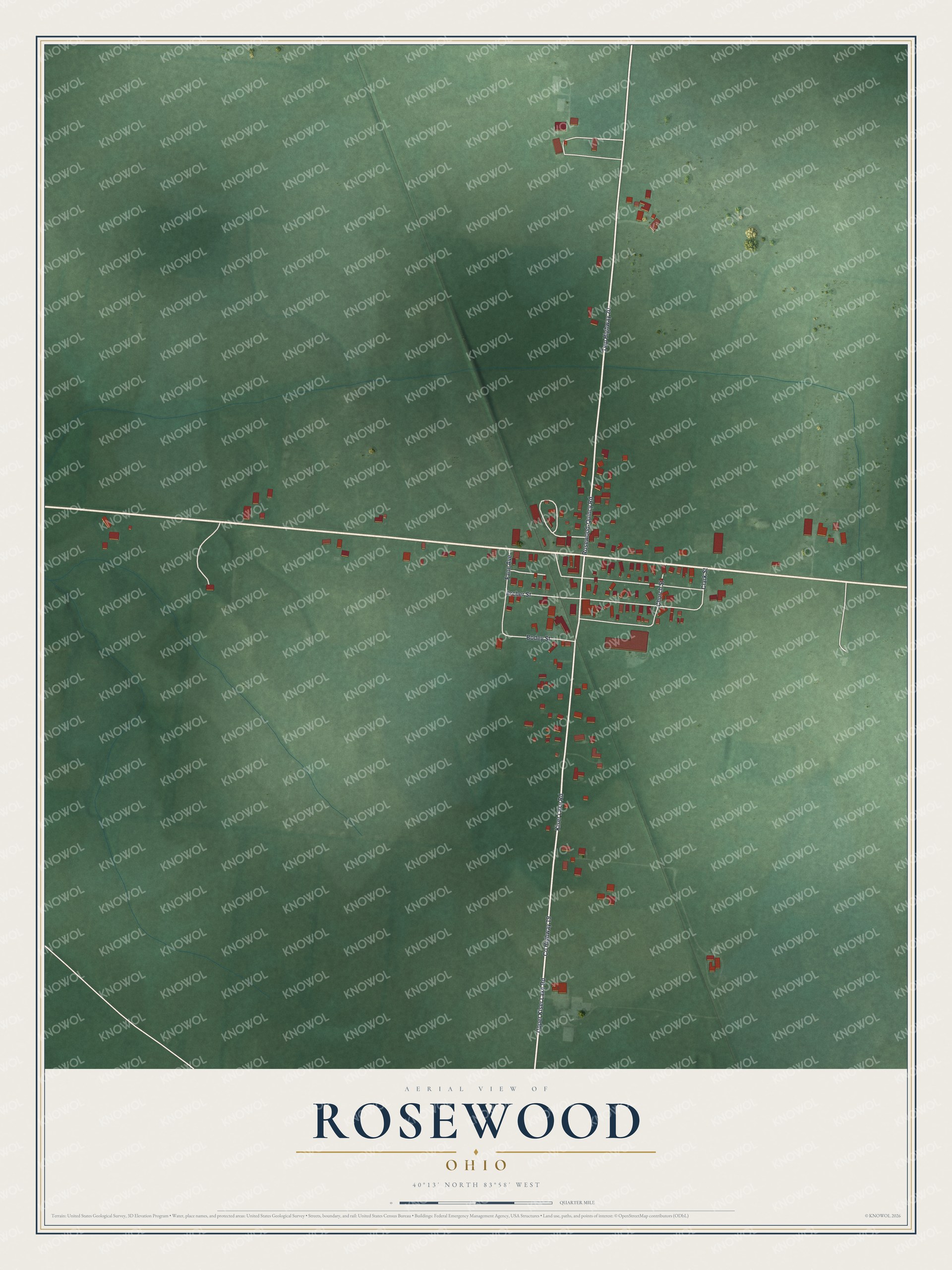 Full map of Rosewood, Ohio, with red buildings, printed street names and the land around them