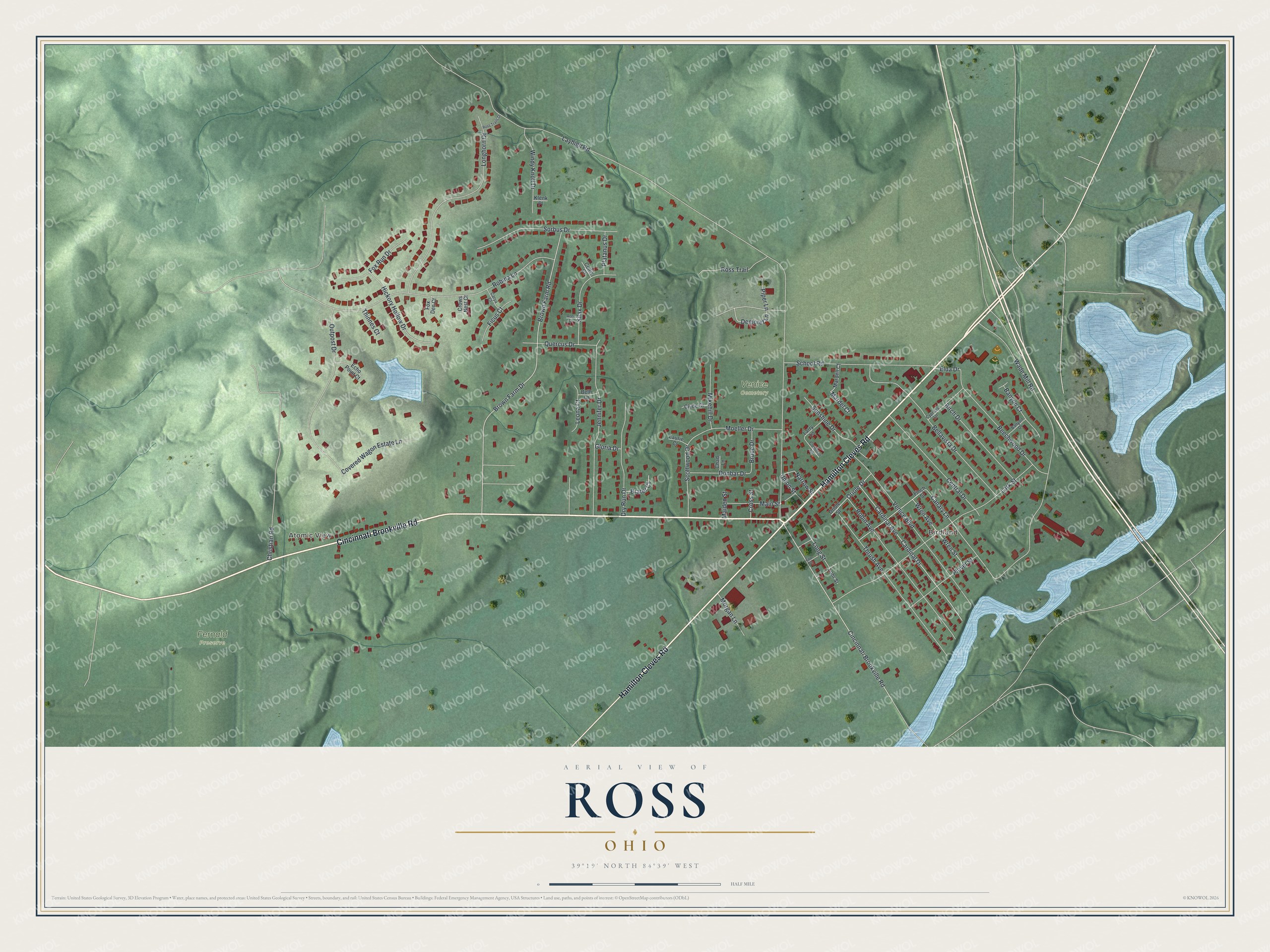 Full map of Ross, Ohio, with red buildings, printed street names and the land around them
