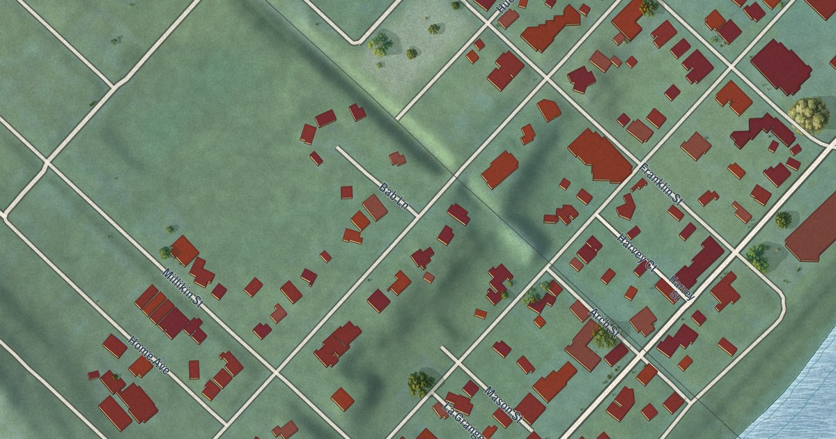 Close-up of streets and buildings in Rossville, Ohio