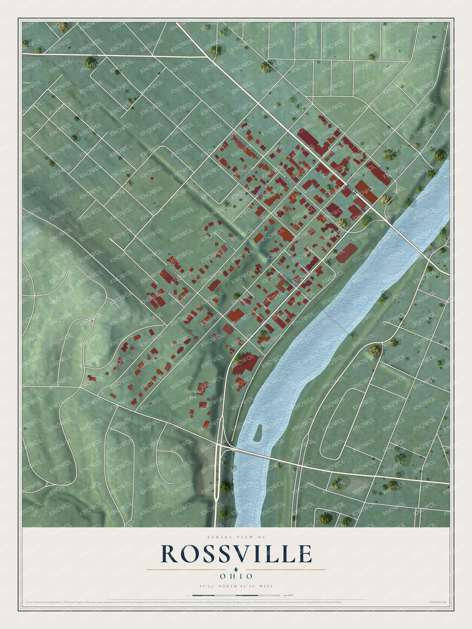 Full map of Rossville, Ohio, with red buildings, printed street names and the land around them