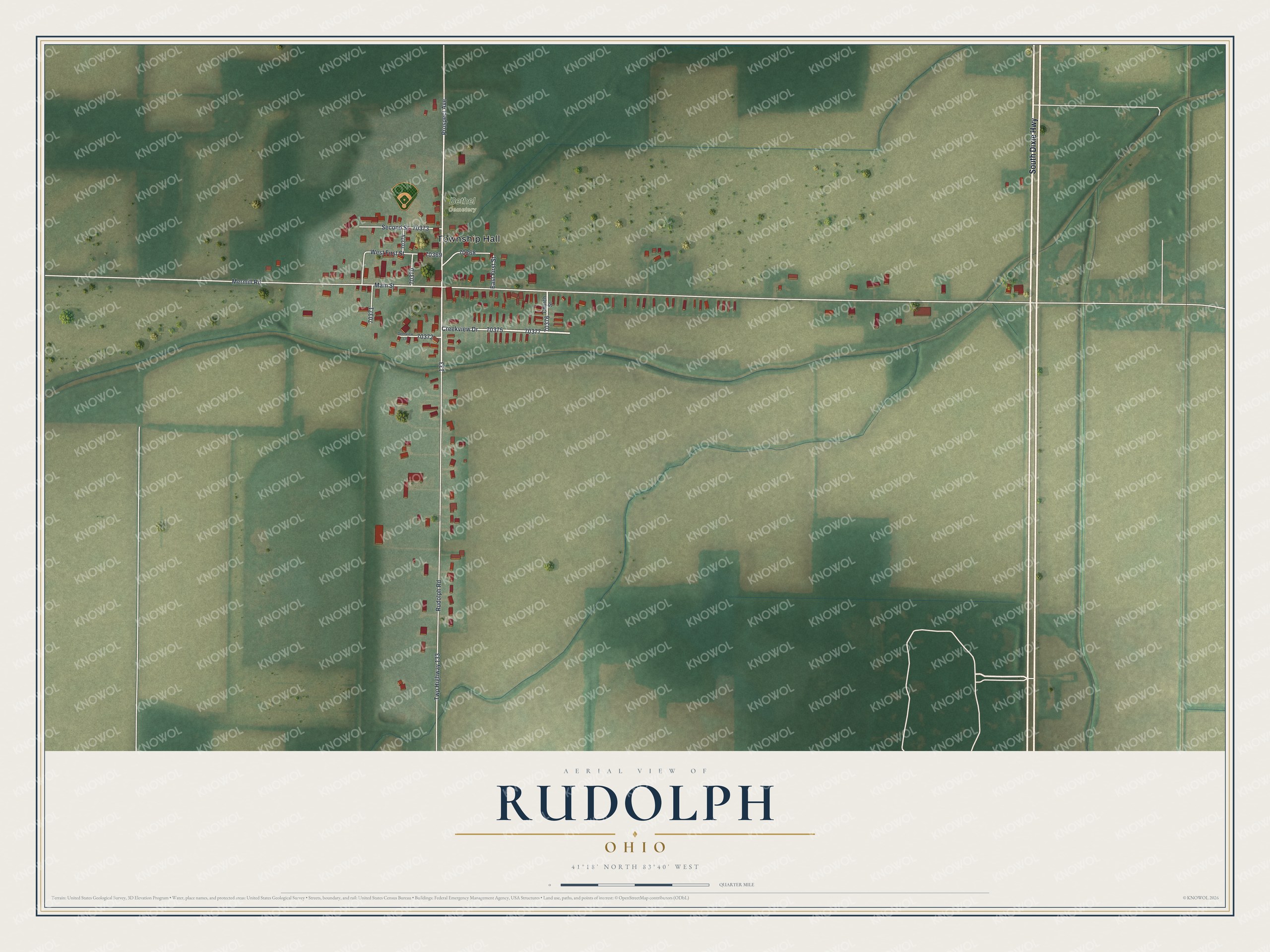 Full map of Rudolph, Ohio, with red buildings, printed street names and the land around them