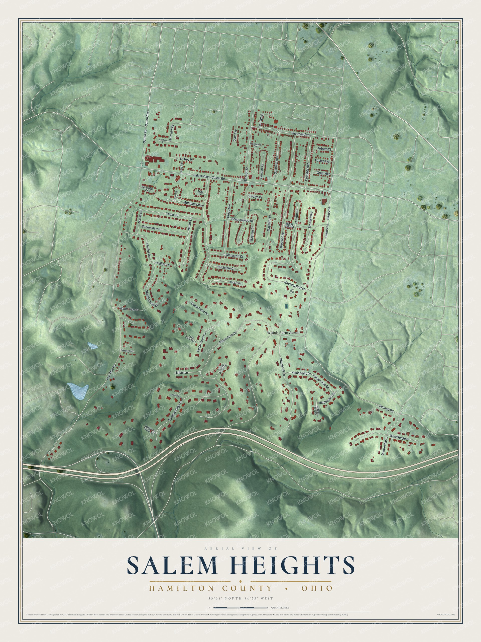 Full map of Salem Heights, Ohio, with red buildings, printed street names and the land around them