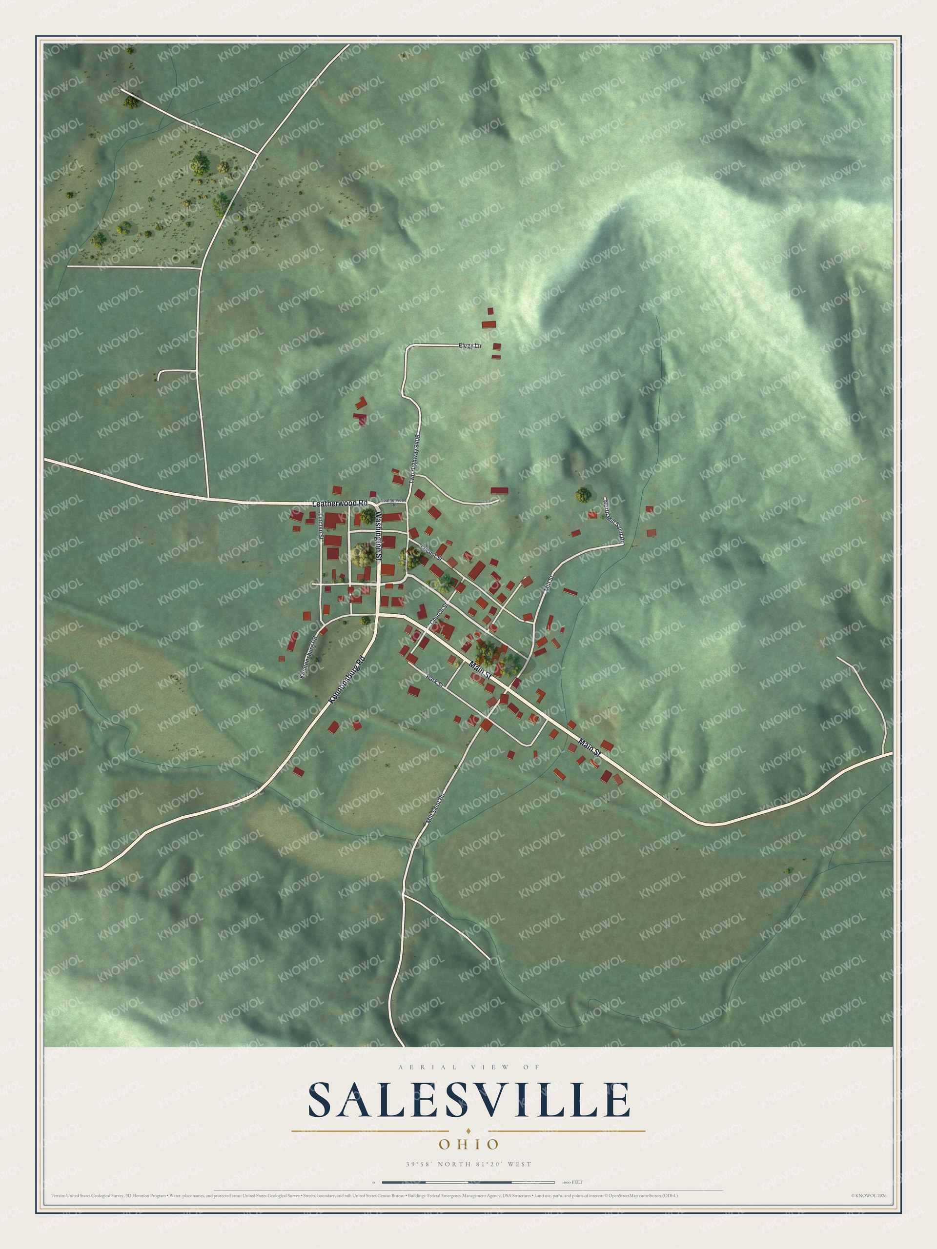 Full map of Salesville, Ohio, with red buildings, printed street names and the land around them