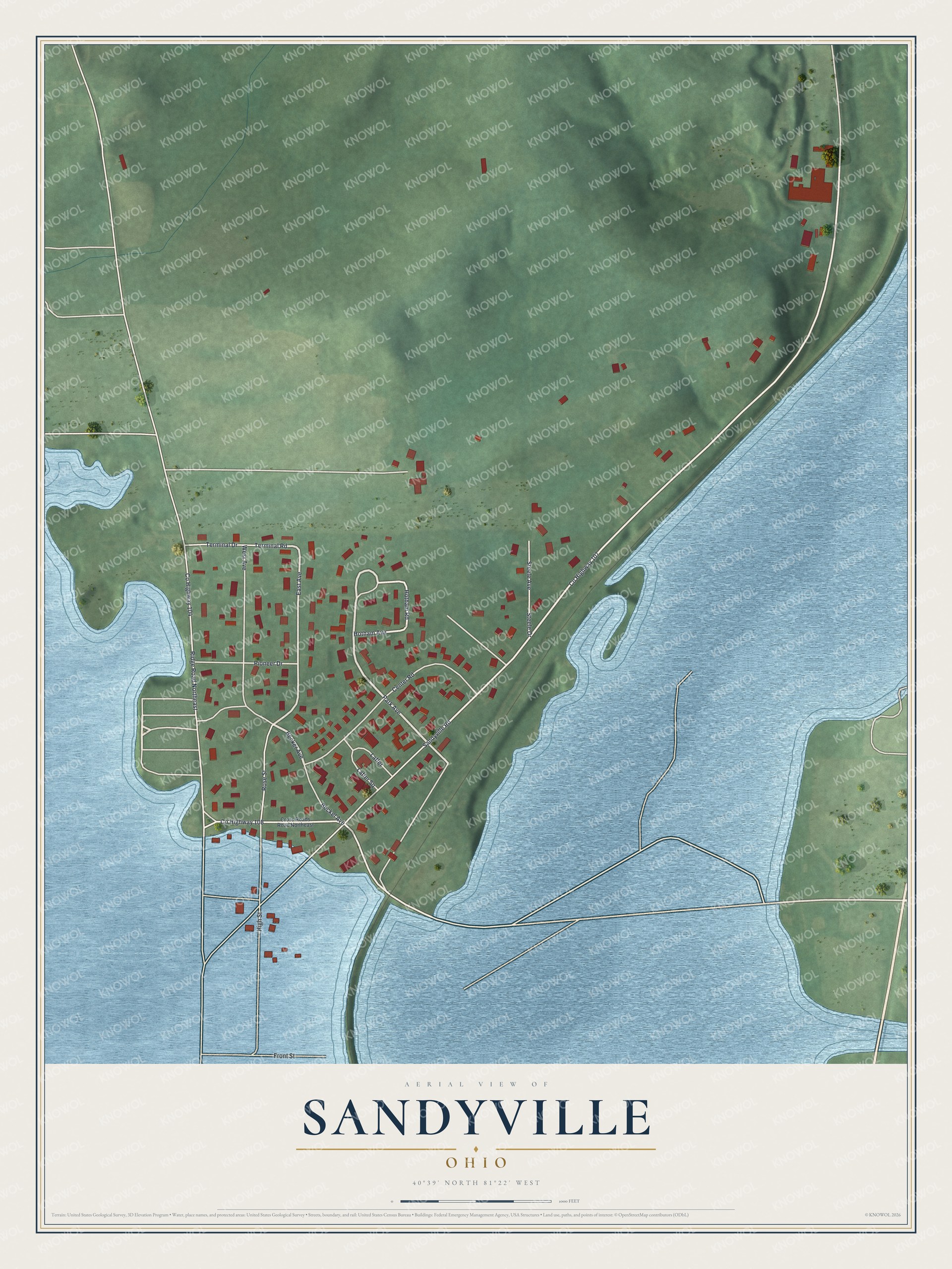 Full map of Sandyville, Ohio, with red buildings, printed street names and the land around them