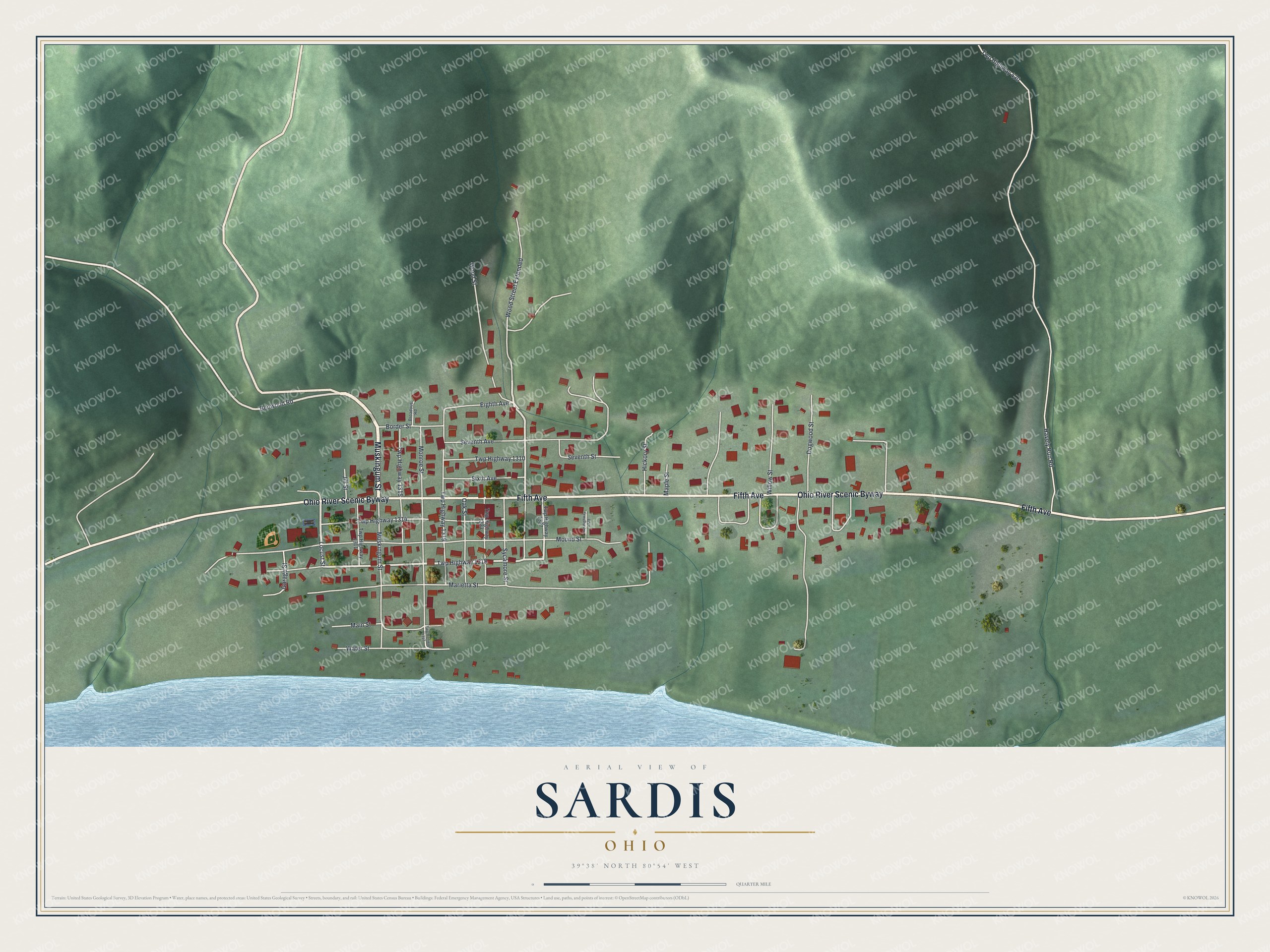 Full map of Sardis, Ohio, with red buildings, printed street names and the land around them