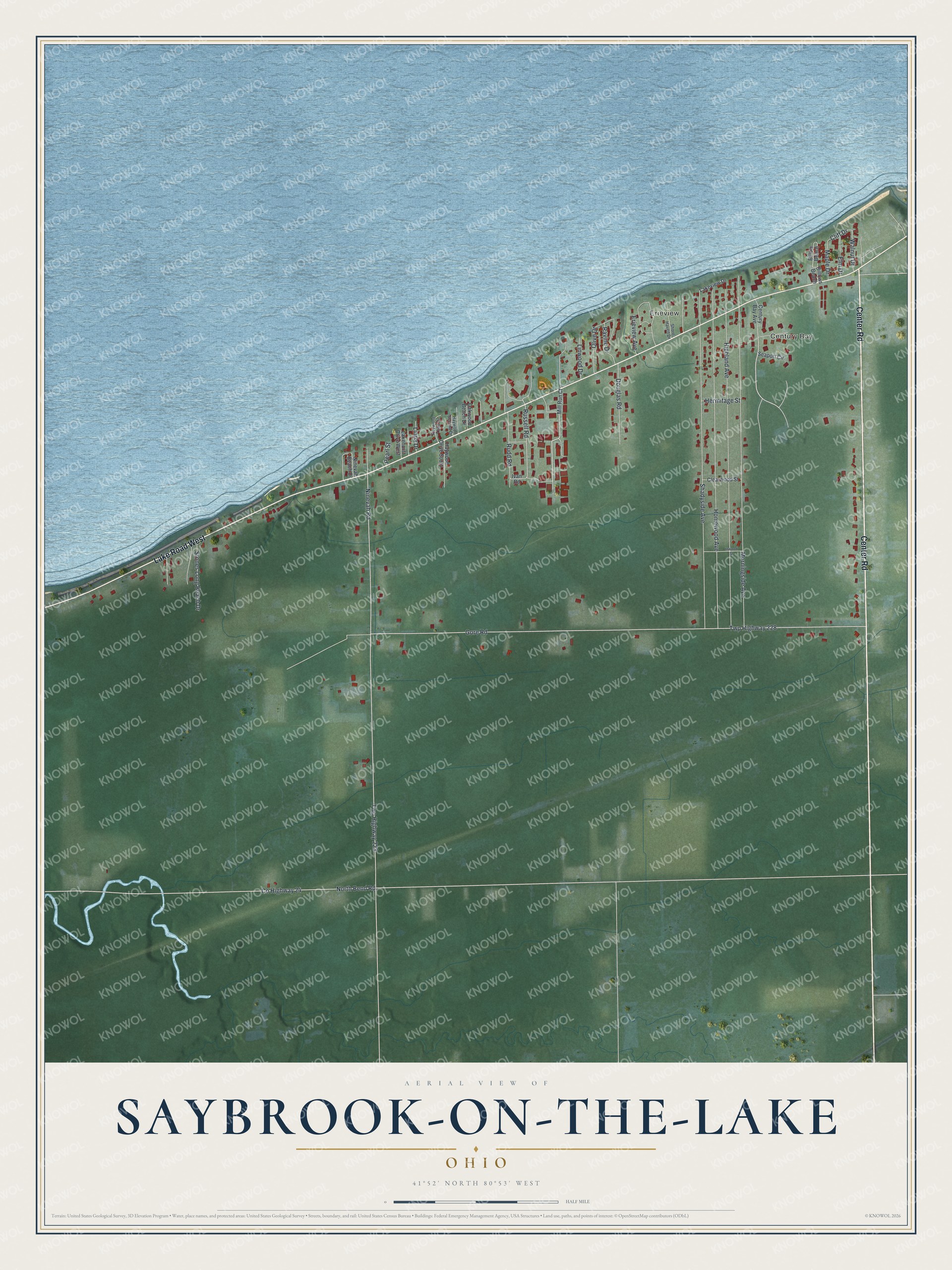 Full map of Saybrook-on-the-Lake, Ohio, with red buildings, printed street names and the land around them