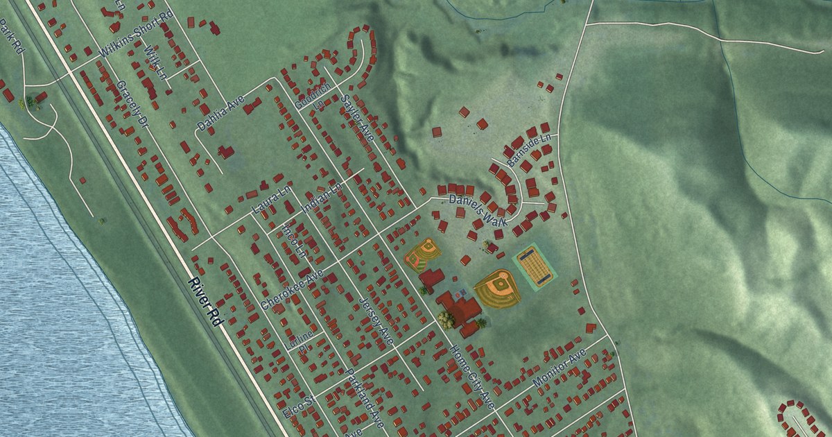 Close-up of streets and buildings in Sayler Park, Ohio