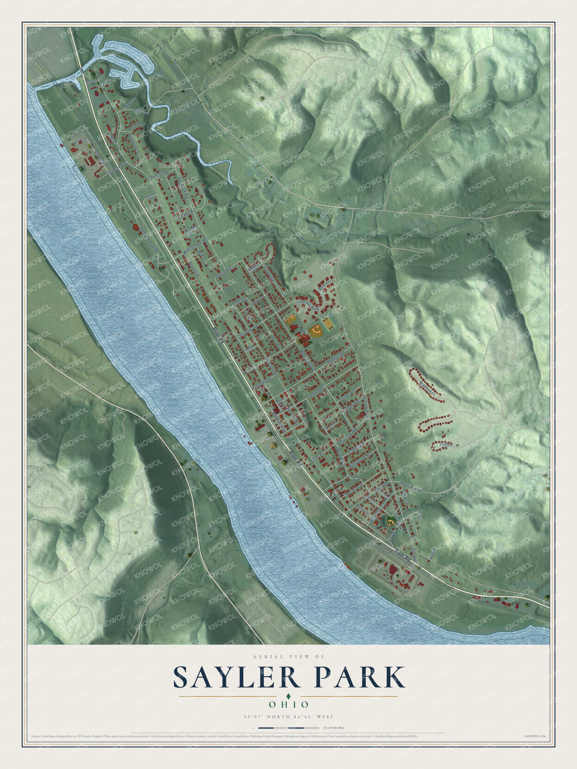 Full map of Sayler Park, Ohio, with red buildings, printed street names and the land around them