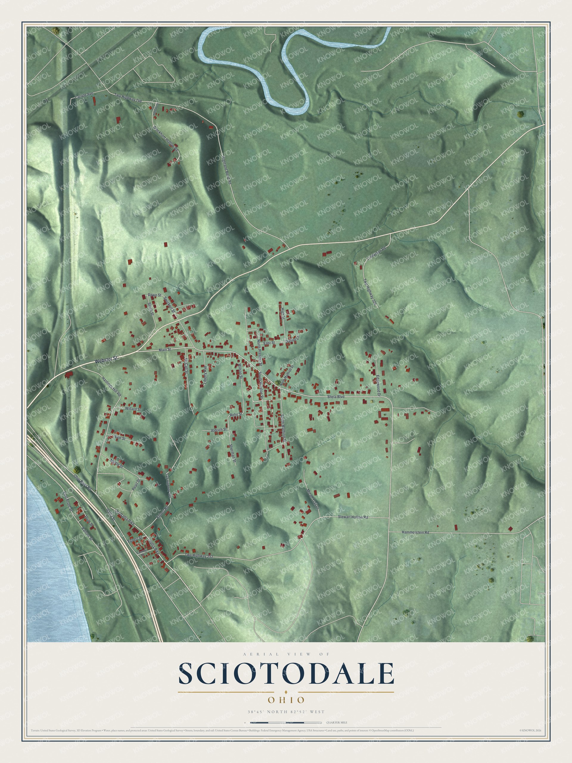 Full map of Sciotodale, Ohio, with red buildings, printed street names and the land around them