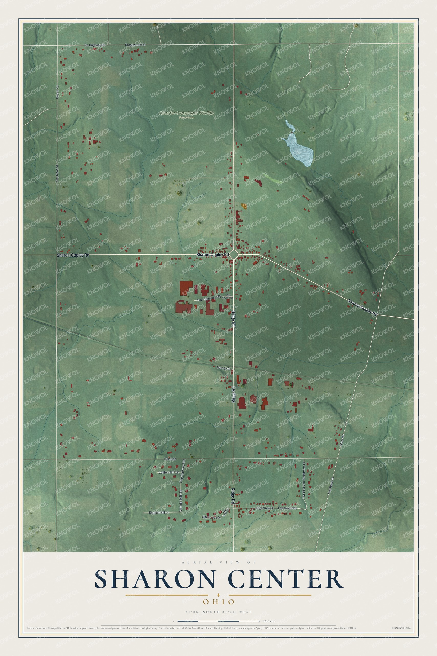 Full map of Sharon Center, Ohio, with red buildings, printed street names and the land around them