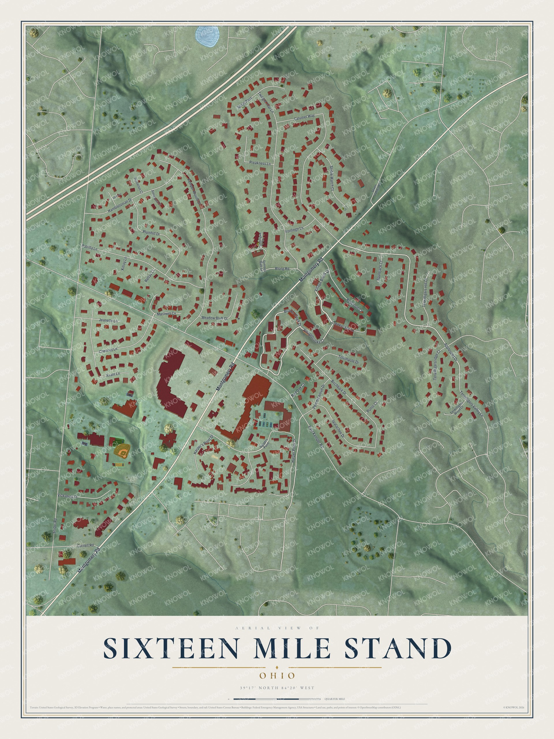 Full map of Sixteen Mile Stand, Ohio, with red buildings, printed street names and the land around them