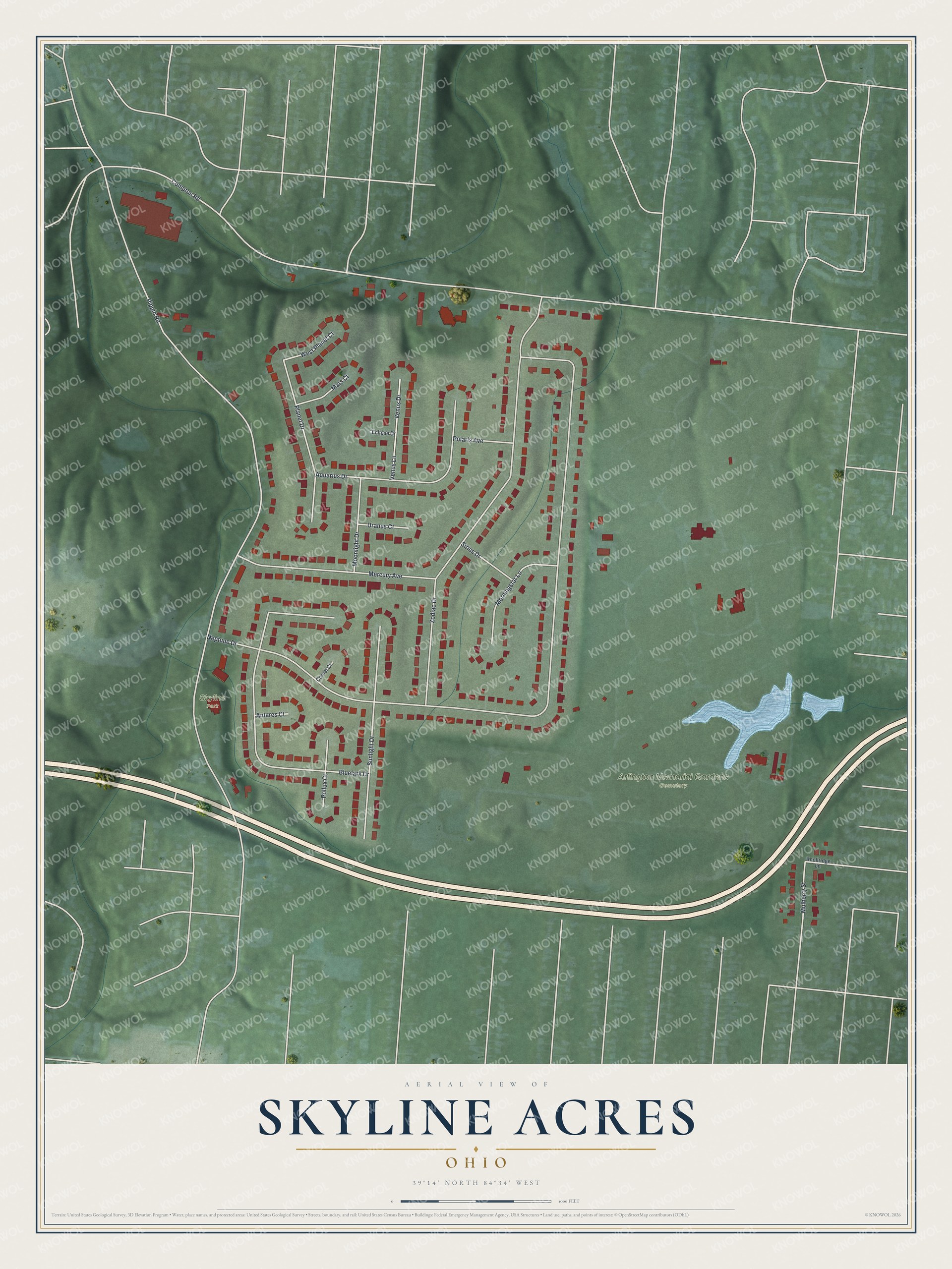 Full map of Skyline Acres, Ohio, with red buildings, printed street names and the land around them