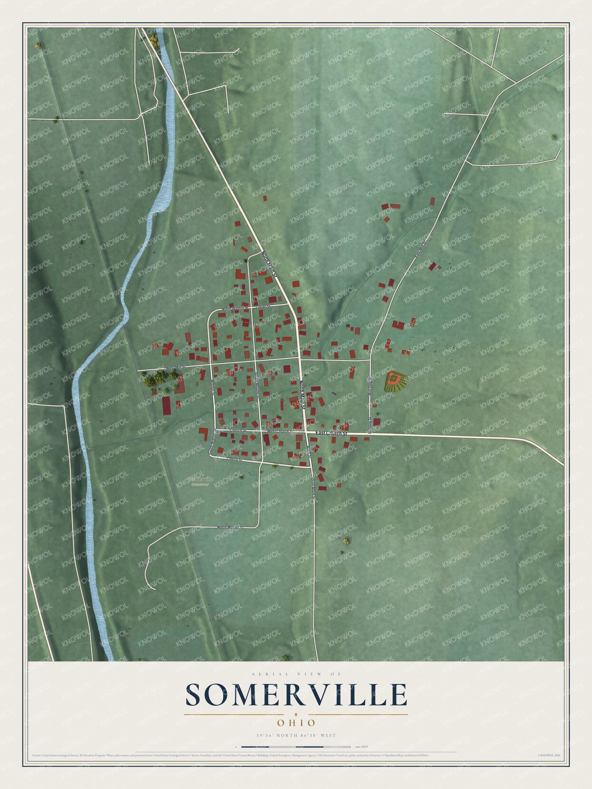 Full map of Somerville, Ohio, with red buildings, printed street names and the land around them