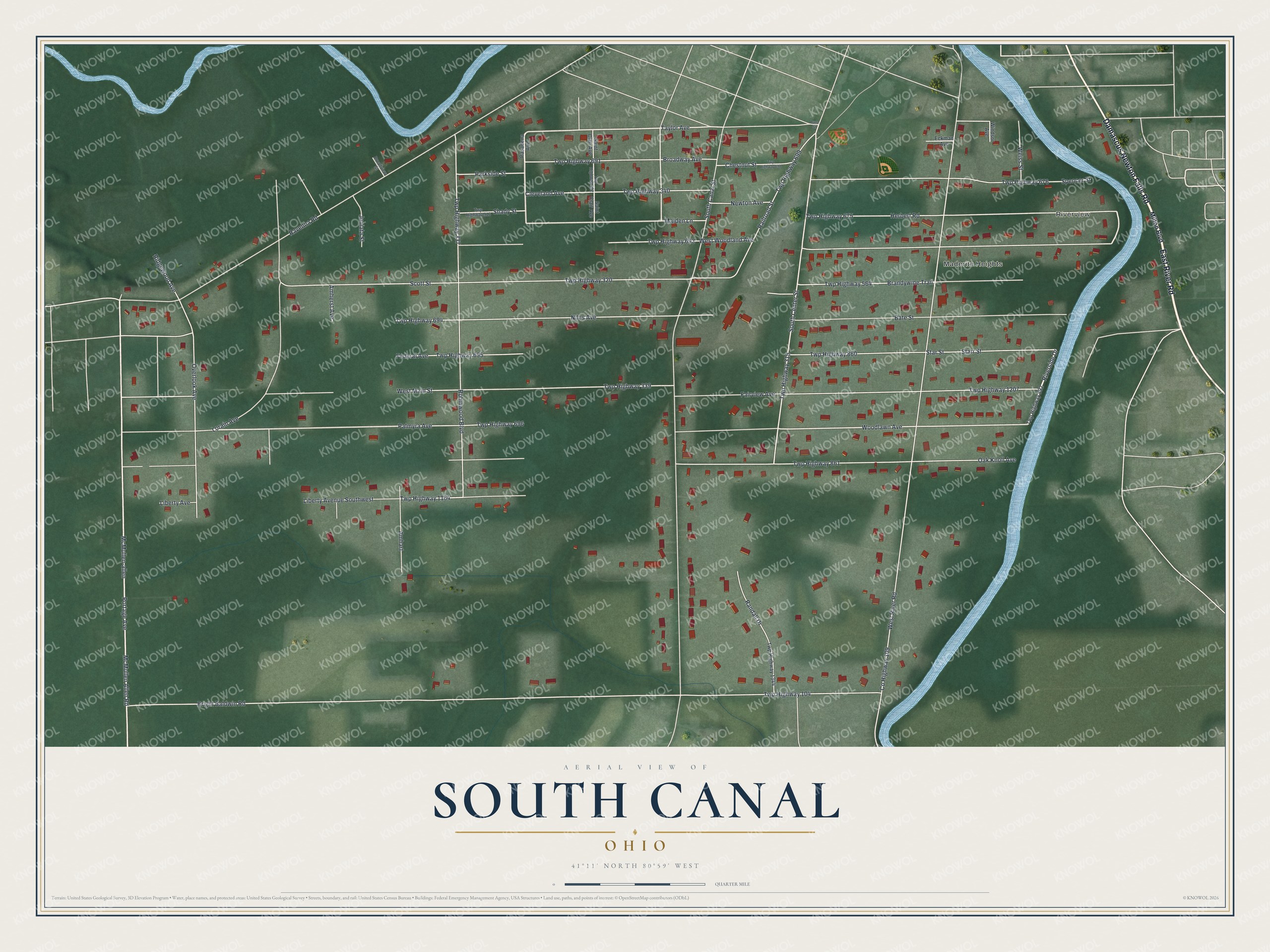 Full map of South Canal, Ohio, with red buildings, printed street names and the land around them