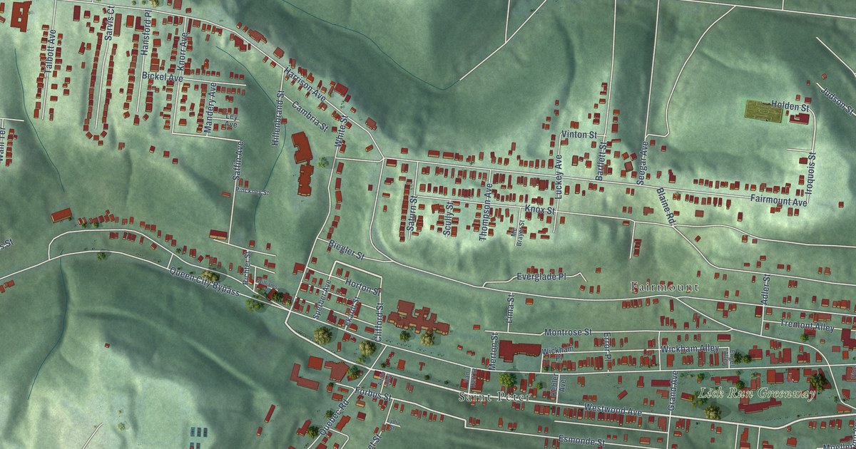 Close-up of streets and buildings in South Fairmount, Ohio