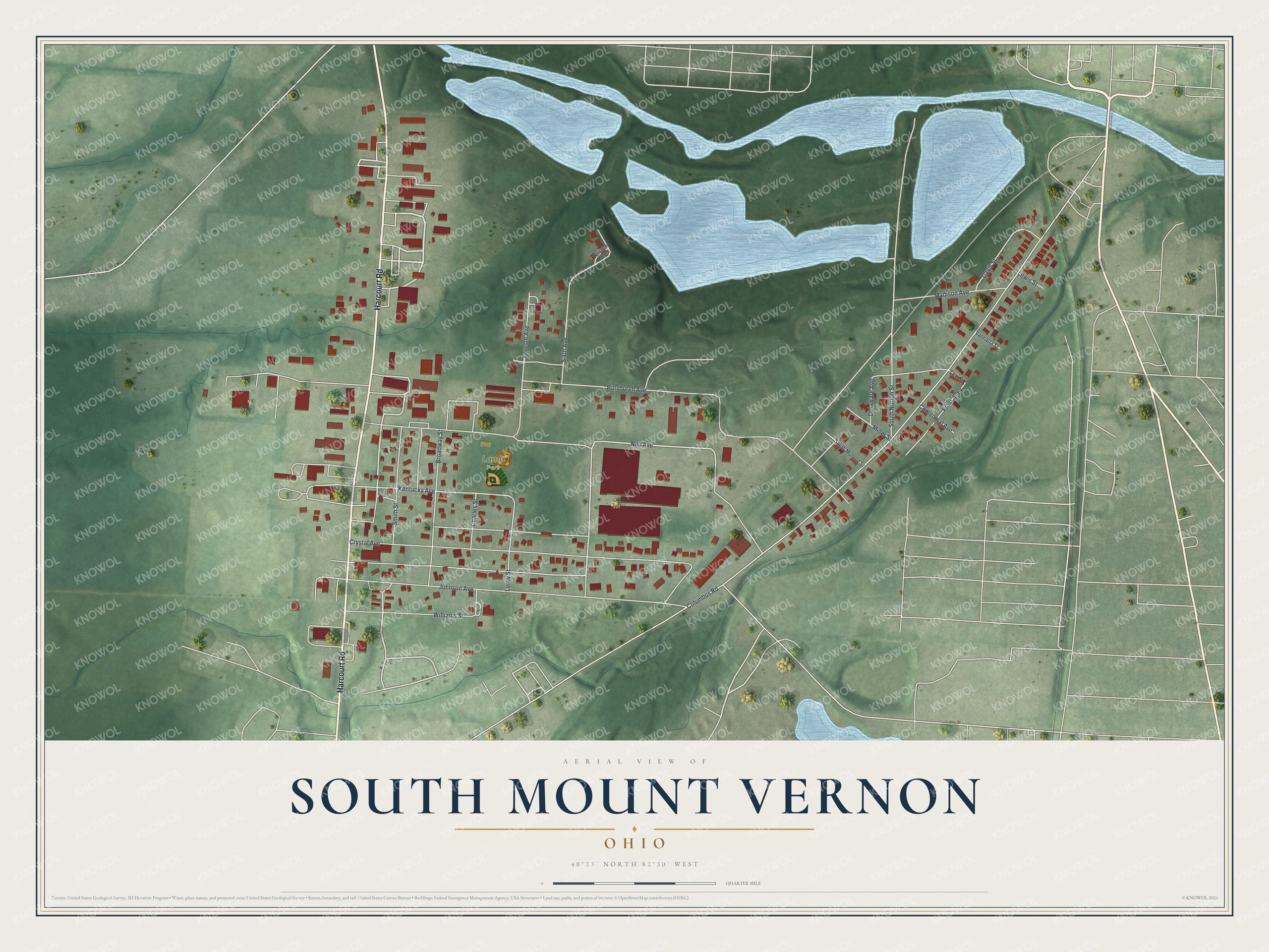 Full map of South Mount Vernon, Ohio, with red buildings, printed street names and the land around them