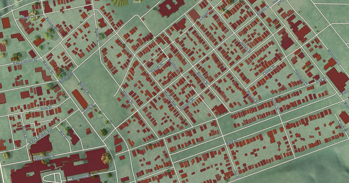 Close-up of streets and buildings in South Park, Ohio