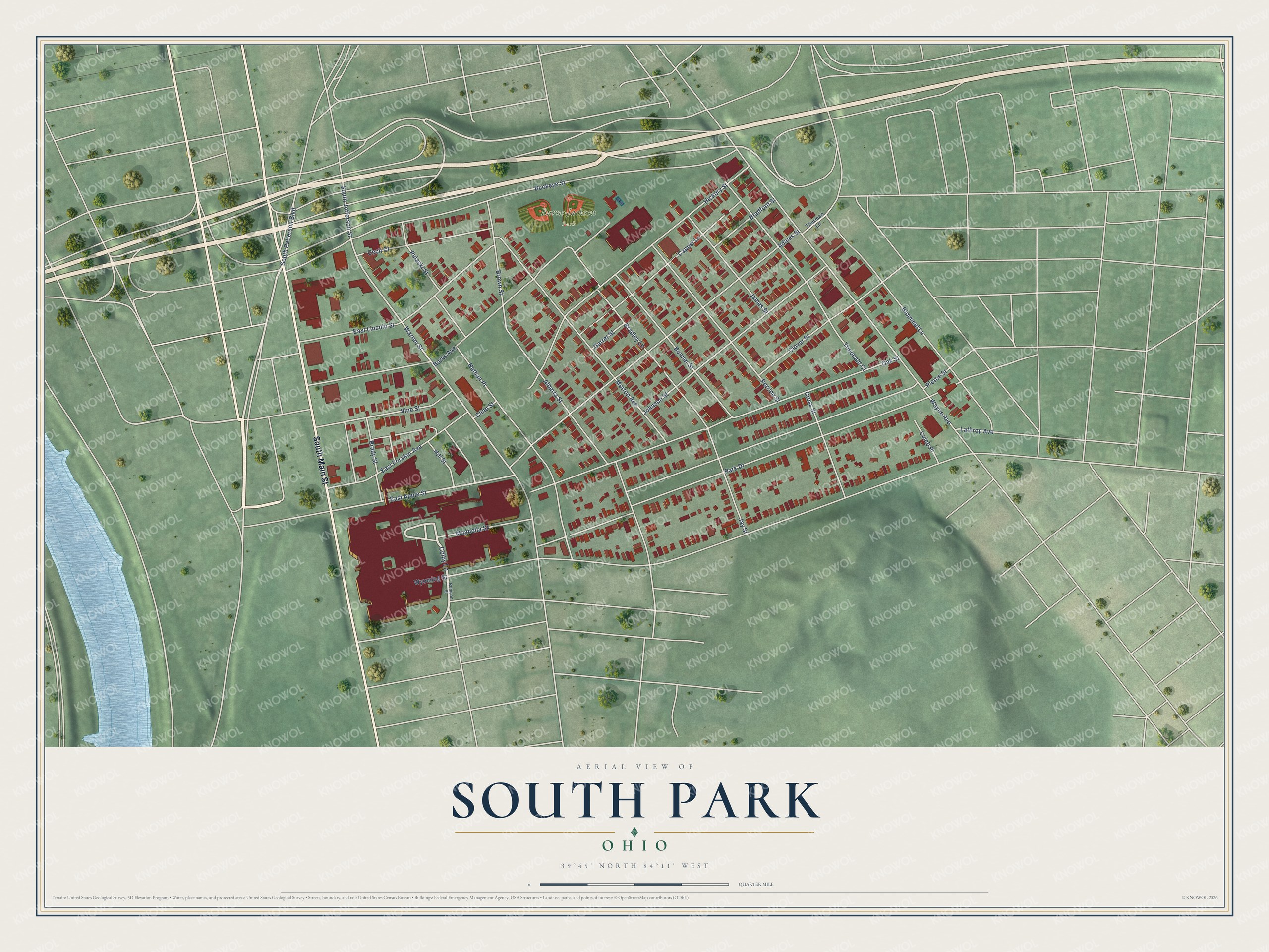 Full map of South Park, Ohio, with red buildings, printed street names and the land around them