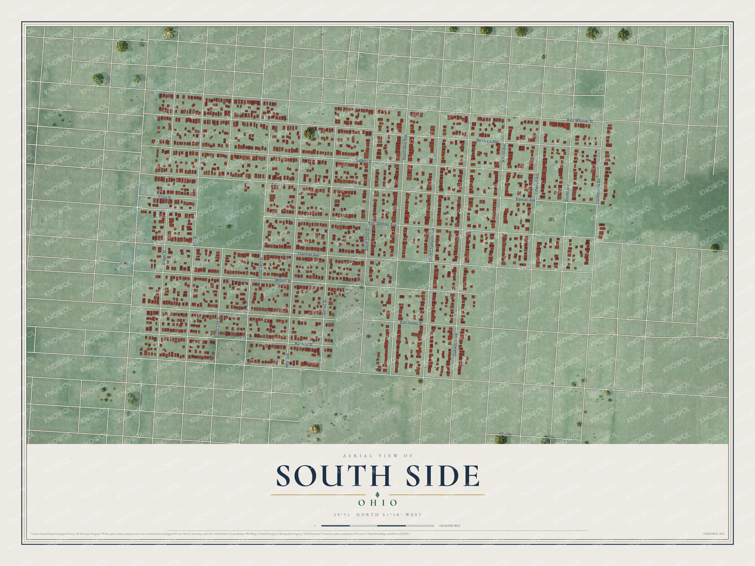 Full map of South Side, Ohio, with red buildings, printed street names and the land around them