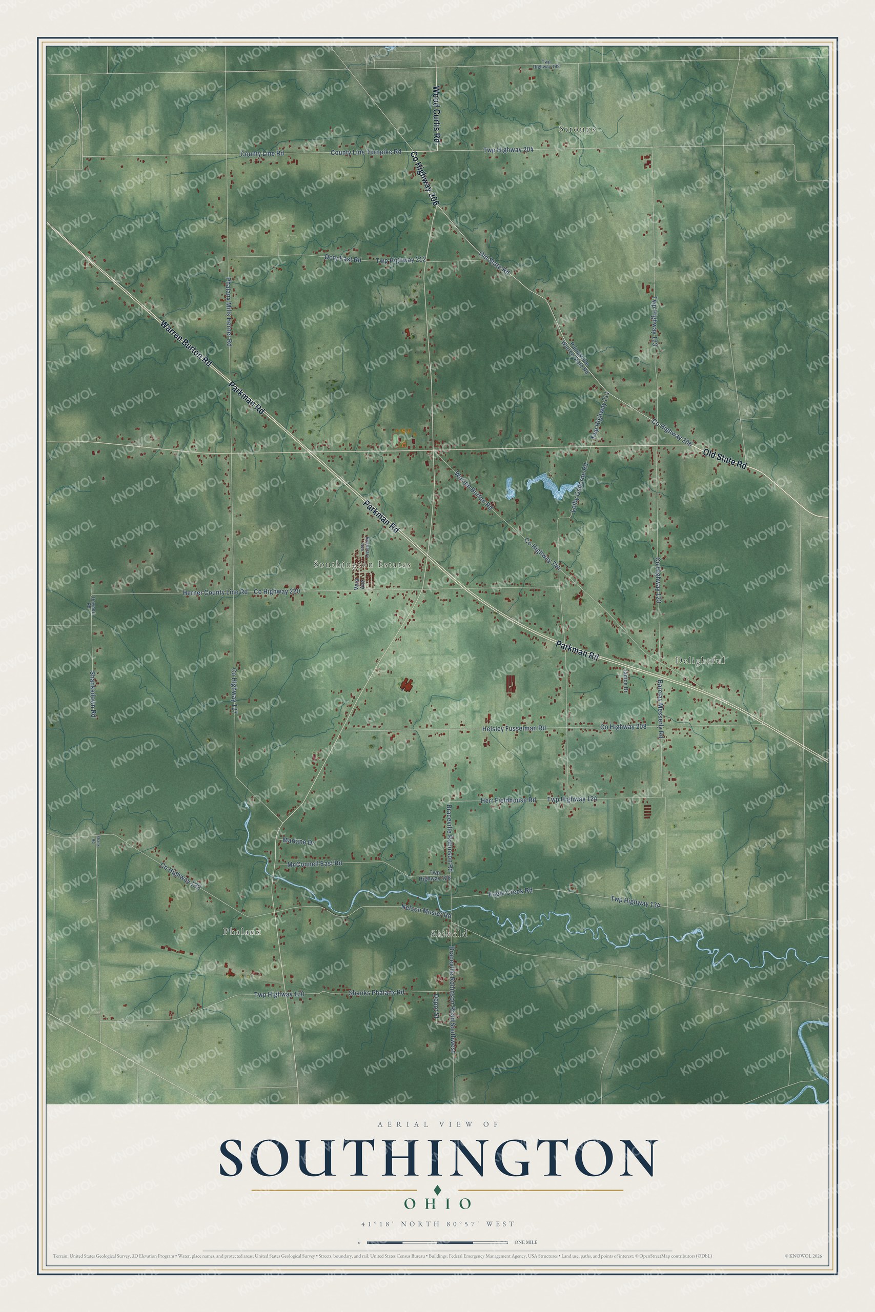 Full map of Southington, Ohio, with red buildings, printed street names and the land around them