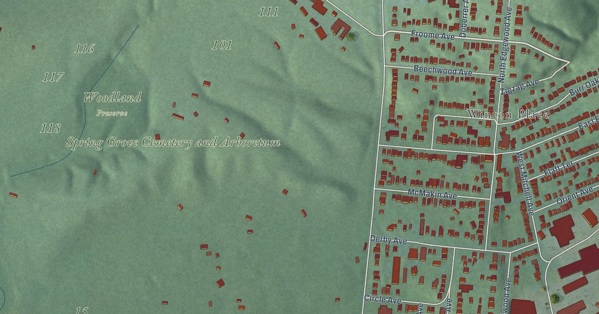 Close-up of streets and buildings in Spring Grove Village, Ohio