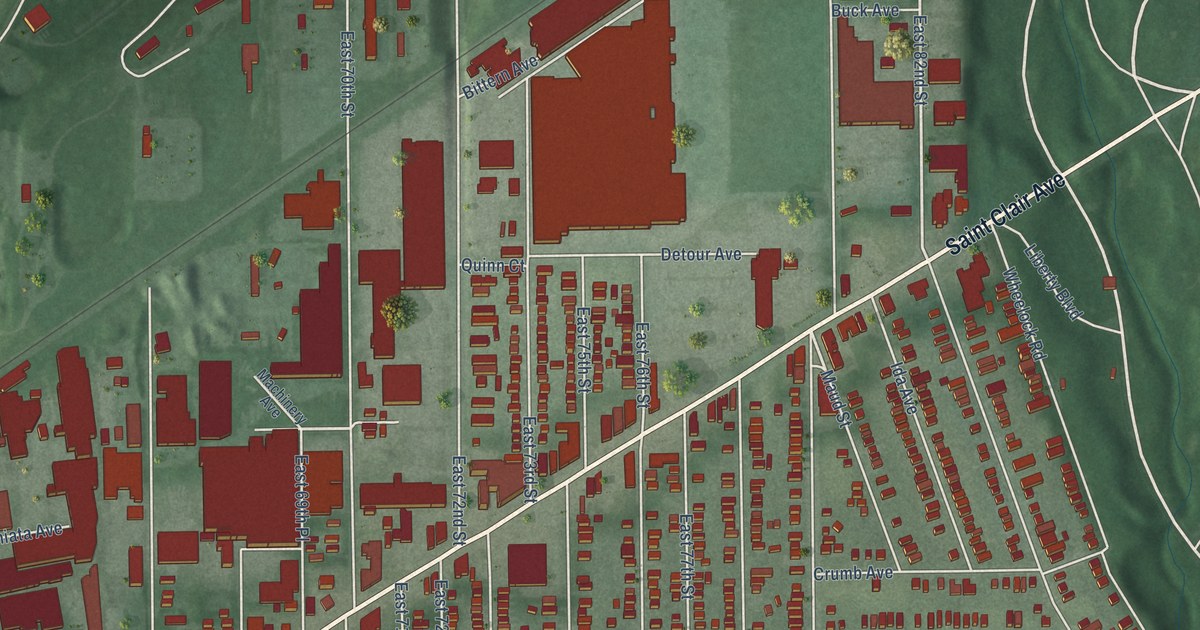 Close-up of streets and buildings in St.Clair-Superior, Ohio